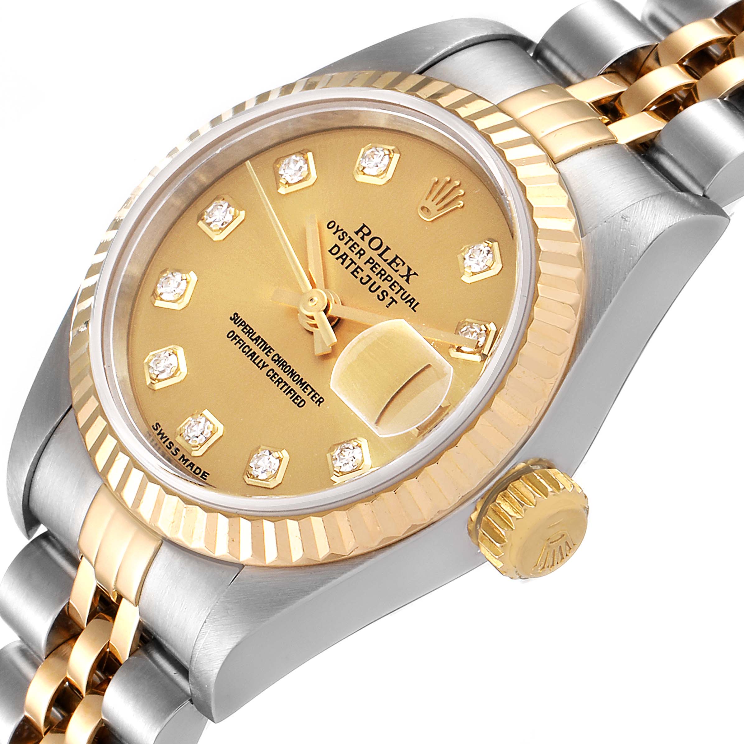The image shows a close-up, angled view of the face and crown of a Rolex Datejust 79173 Women's Steel and Gold (two tone) Champagne Dial 79173 Women's Steel and Gold (two tone) Champagne Dial watch.