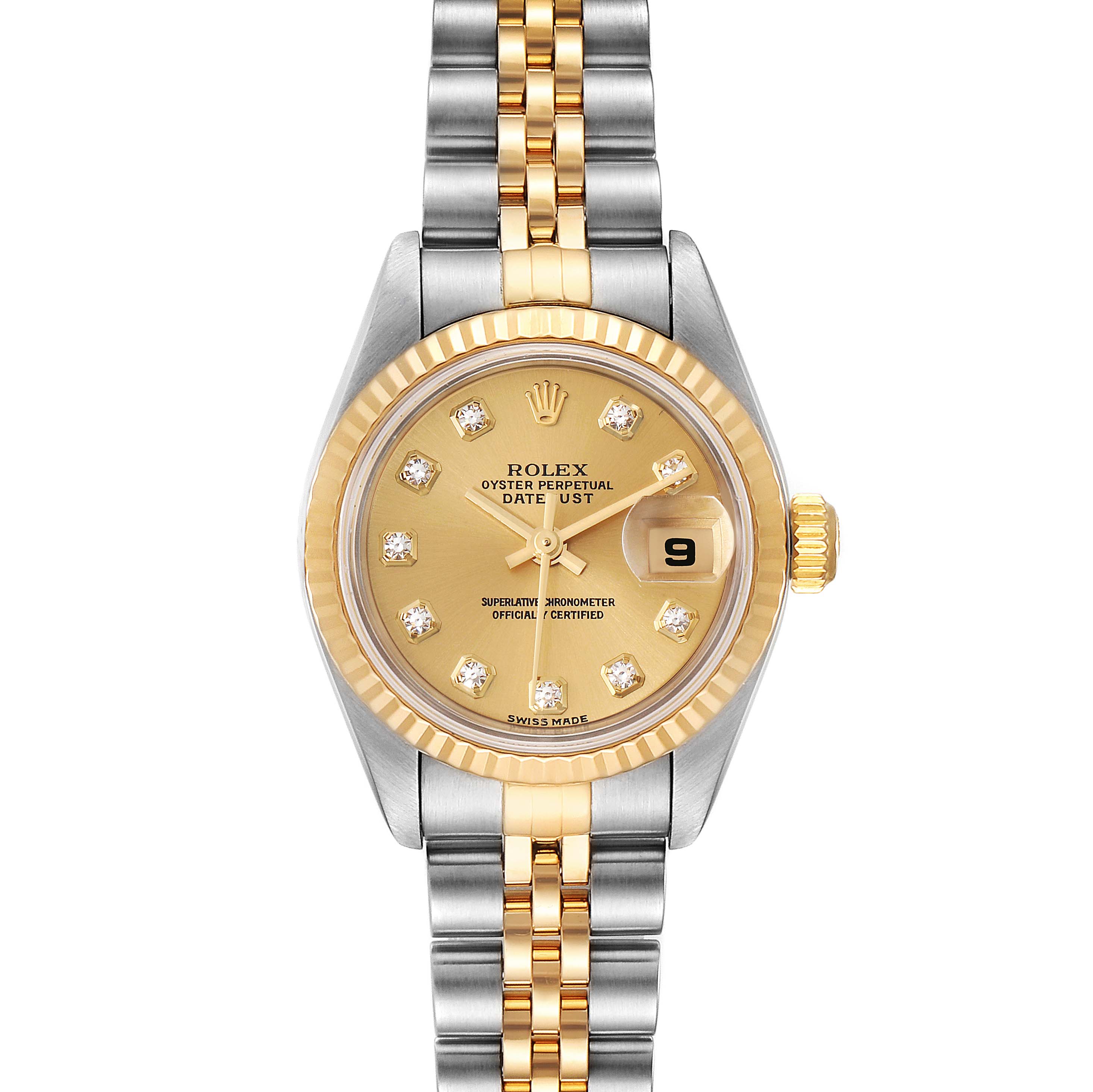 The image shows a front view of a Rolex Datejust 79173 Women's Steel and Gold (two tone) Champagne Dial 79173 Women's Steel and Gold (two tone) Champagne Dial watch, displaying the dial, bezel, and bracelet.