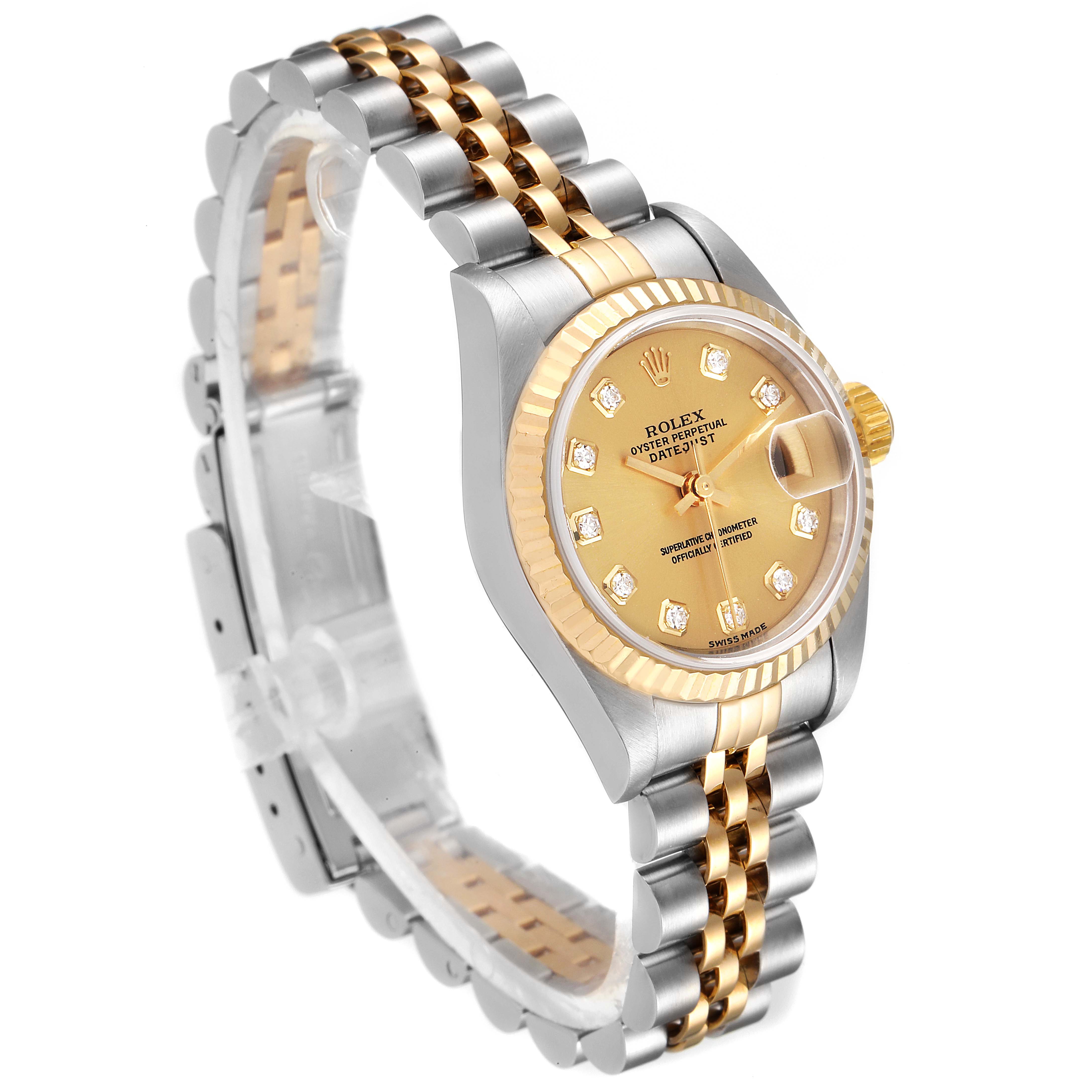 The image shows a side view of a Rolex Datejust 79173 Women's Steel and Gold (two tone) Champagne Dial 79173 Women's Steel and Gold (two tone) Champagne Dial watch, highlighting the gold and silver bracelet, dial, and fluted bezel.
