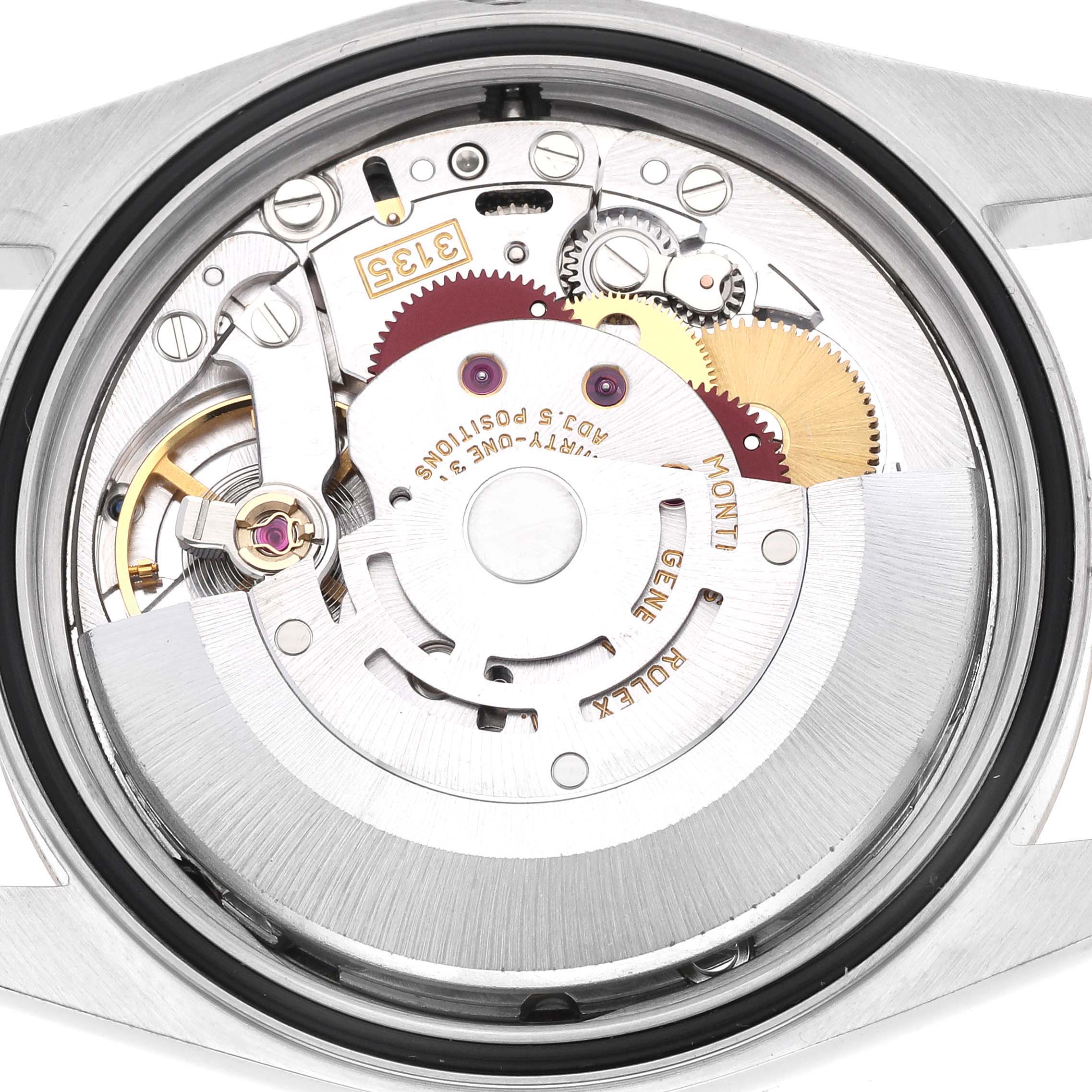 The image shows the movement and inner mechanism of a Rolex Datejust 16233 Men's Steel and Gold (two tone) Champagne Dial 16233 Men's Steel and Gold (two tone) Champagne Dial watch from a top-down angle.