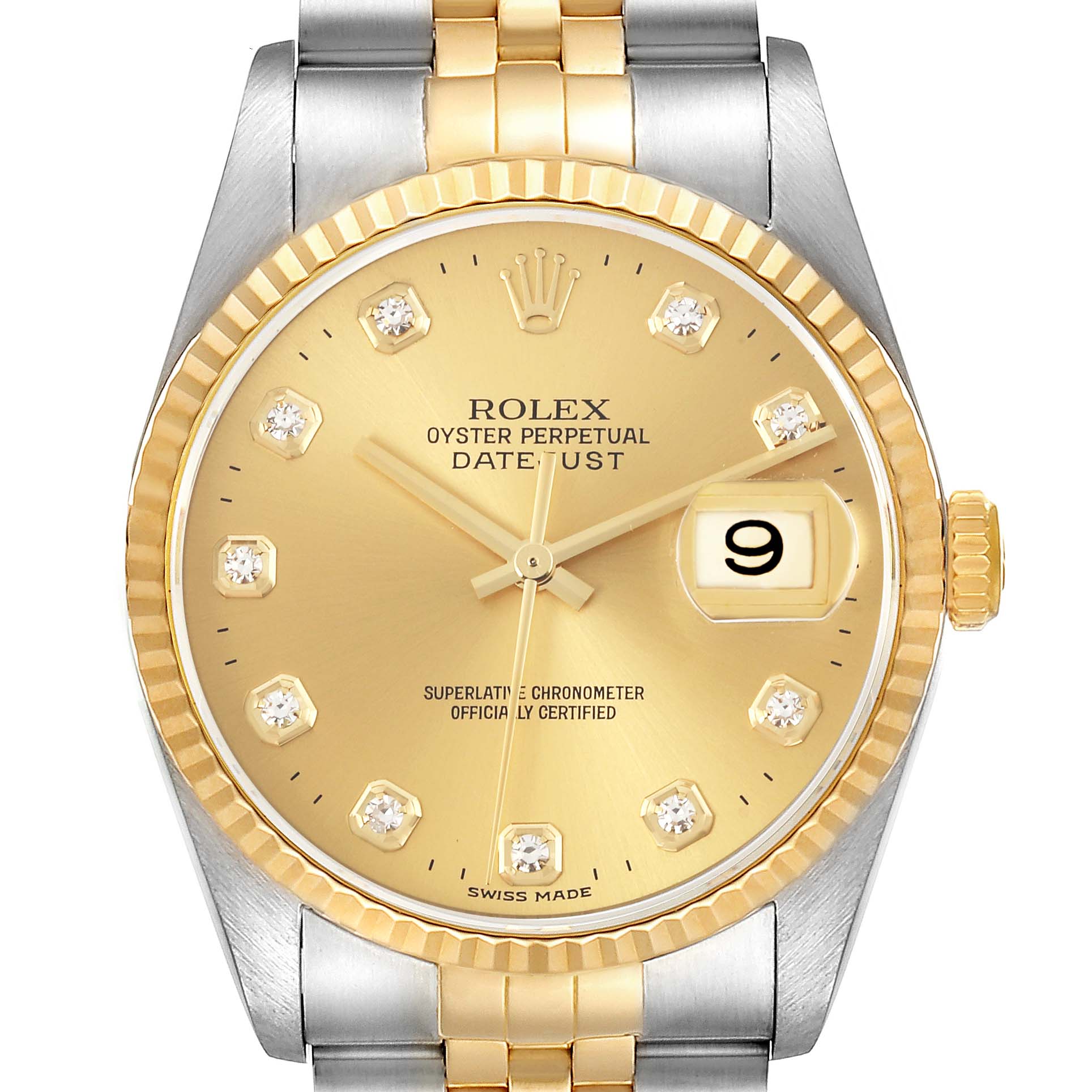 The Rolex Datejust 16233 Men's Steel and Gold (two tone) Champagne Dial 16233 Men's Steel and Gold (two tone) Champagne Dial watch is shown from a front angle, highlighting the dial, crown, and two-tone bracelet.
