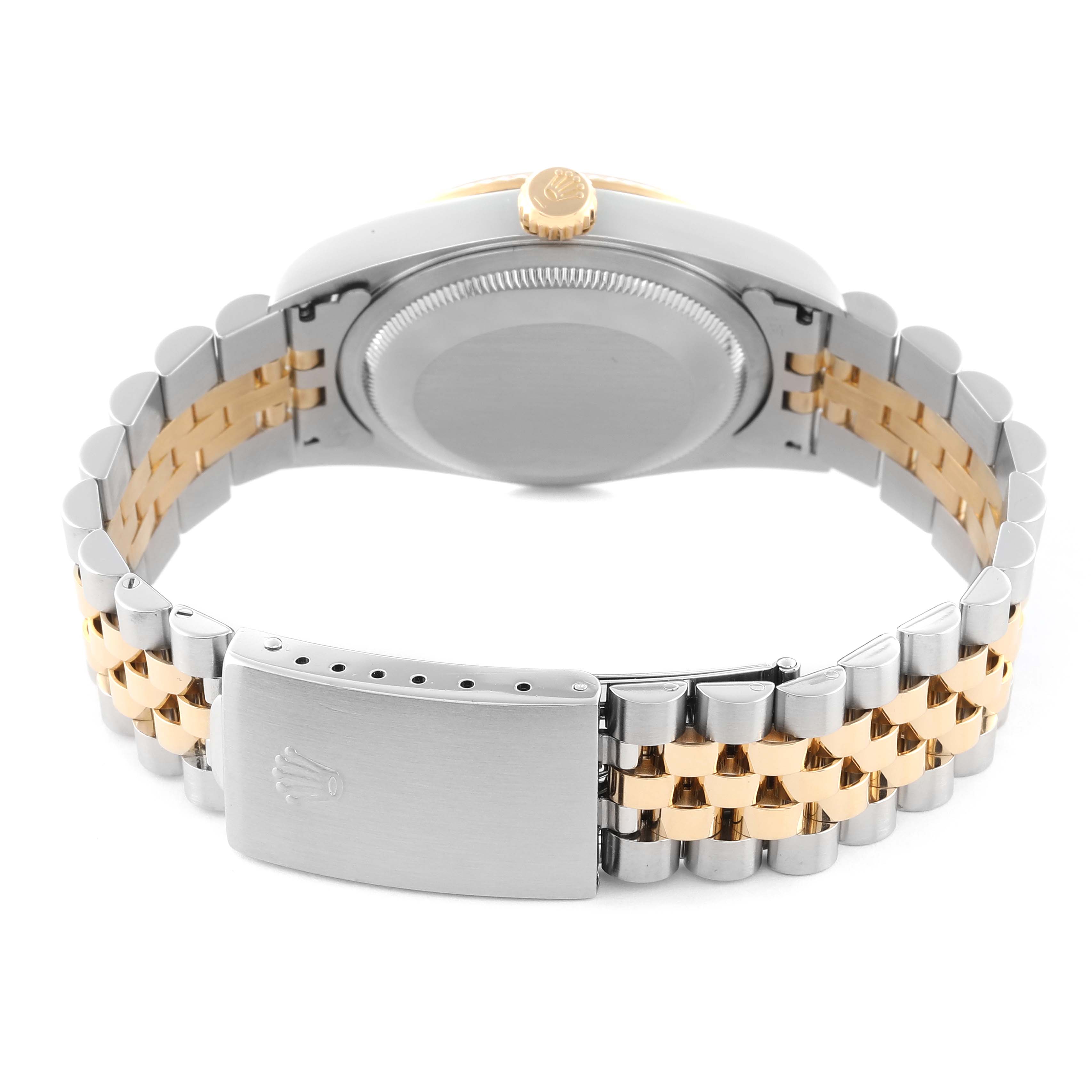 The Rolex Datejust 16233 Men's Steel and Gold (two tone) Champagne Dial 16233 Men's Steel and Gold (two tone) Champagne Dial is shown from the back, highlighting the clasp, bracelet, case back, and crown.