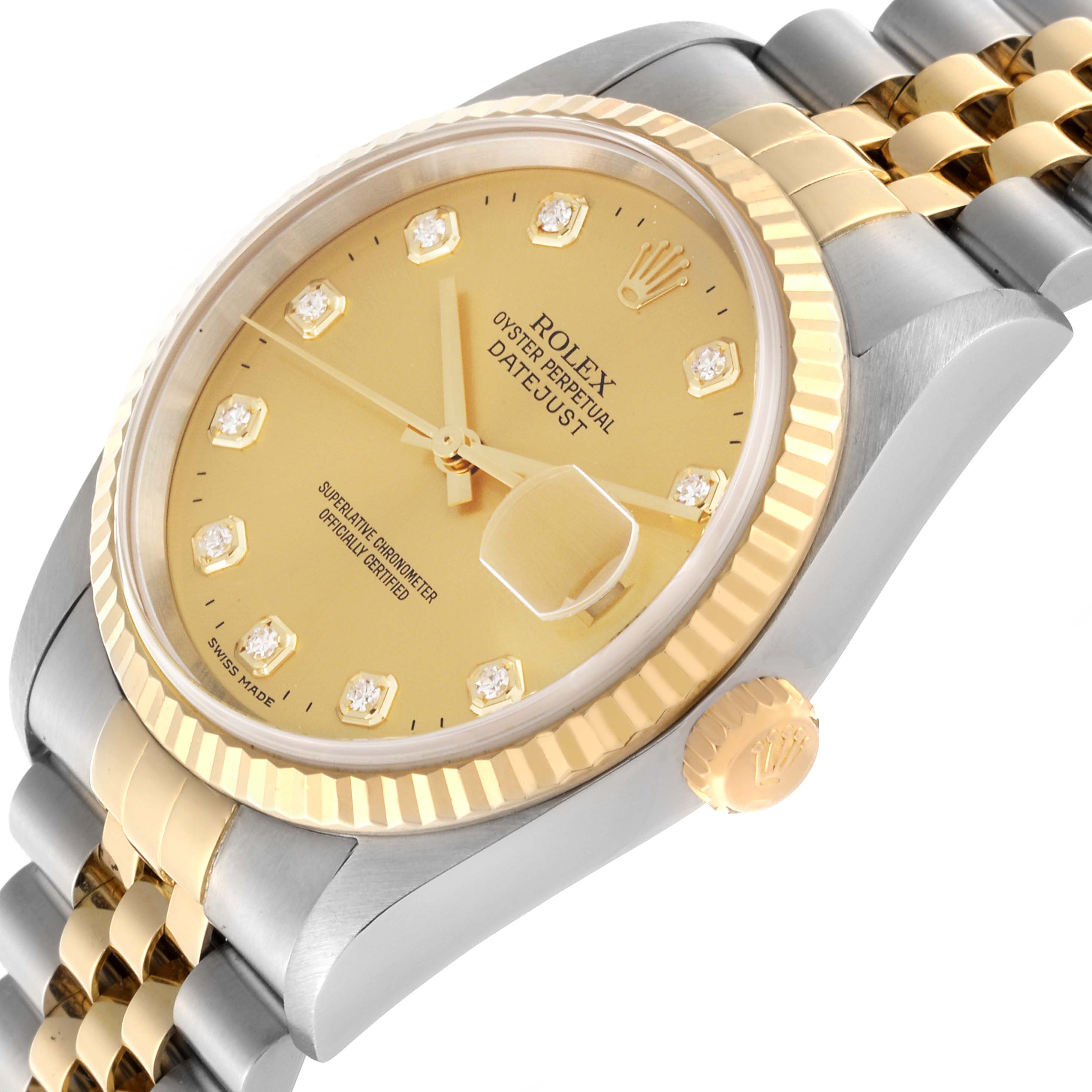 The Rolex Datejust 16233 Men's Steel and Gold (two tone) Champagne Dial 16233 Men's Steel and Gold (two tone) Champagne Dial watch is shown at an angled view, highlighting the face, bezel, crown, and part of the bracelet.