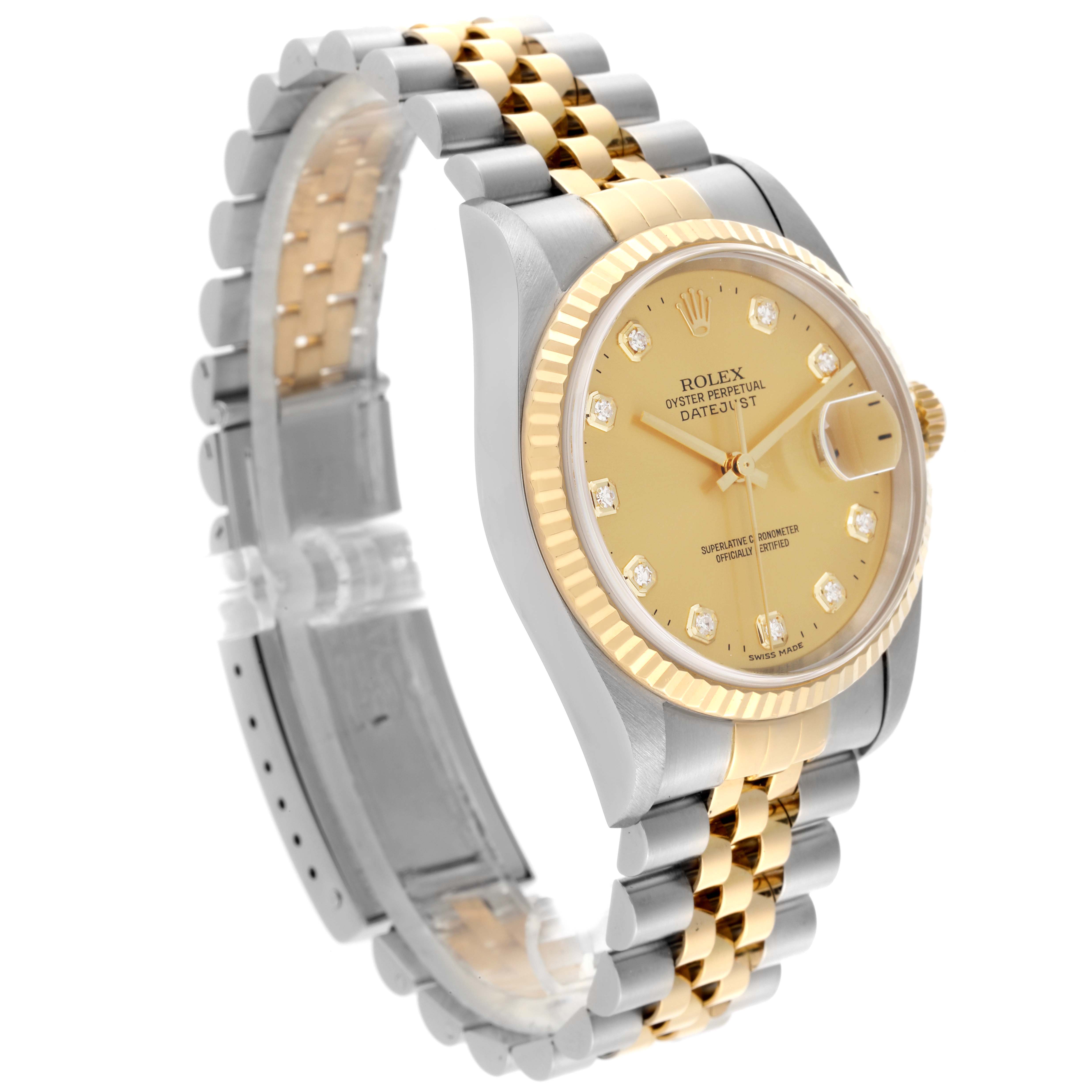 The Rolex Datejust 16233 Men's Steel and Gold (two tone) Champagne Dial 16233 Men's Steel and Gold (two tone) Champagne Dial watch is shown at a tilted angle, highlighting the dial, bezel, and two-tone bracelet.
