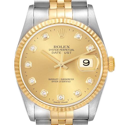 The Rolex Datejust watch is shown from the front, displaying its face, fluted bezel, and part of the bracelet.