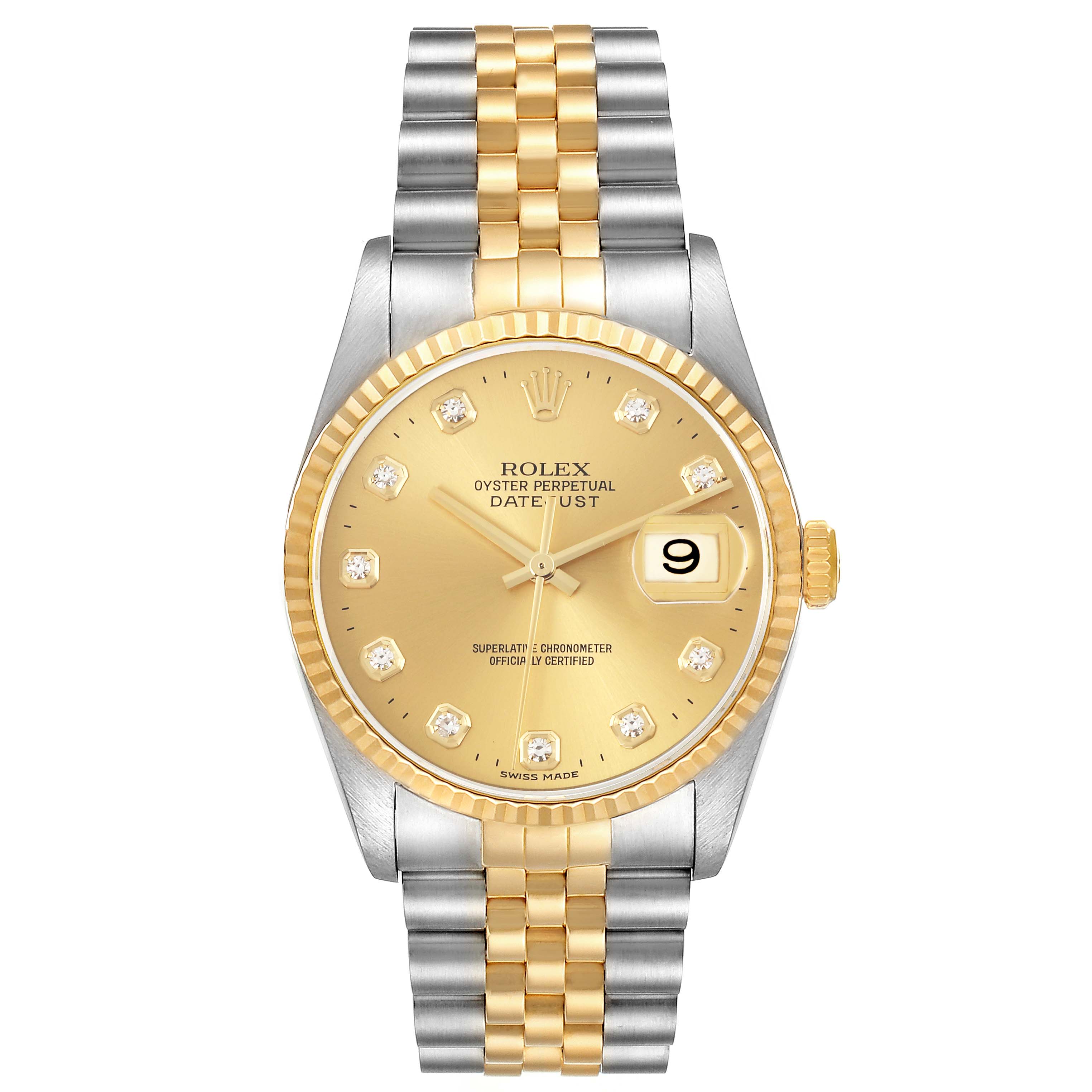 The Rolex Datejust 16233 Men's Steel and Gold (two tone) Champagne Dial 16233 Men's Steel and Gold (two tone) Champagne Dial is shown from a top view, displaying the dial, bezel, crown, and bicolor Jubilee bracelet.