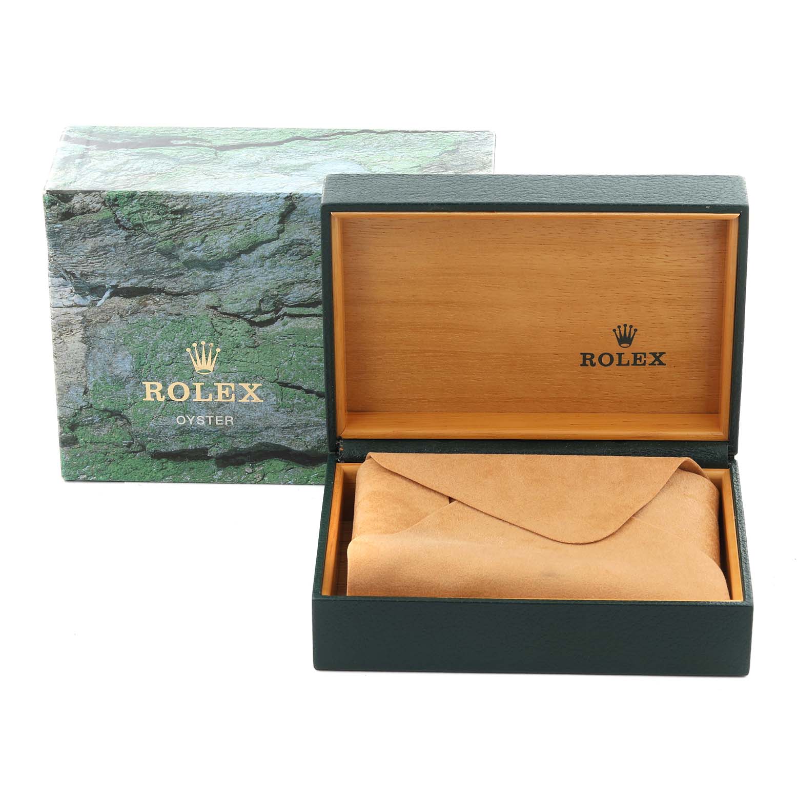 The image shows a Rolex Datejust 16233 Men's Steel and Gold (two tone) Champagne Dial 16233 Men's Steel and Gold (two tone) Champagne Dial watch box and pouch, viewed from the front with the lid open.