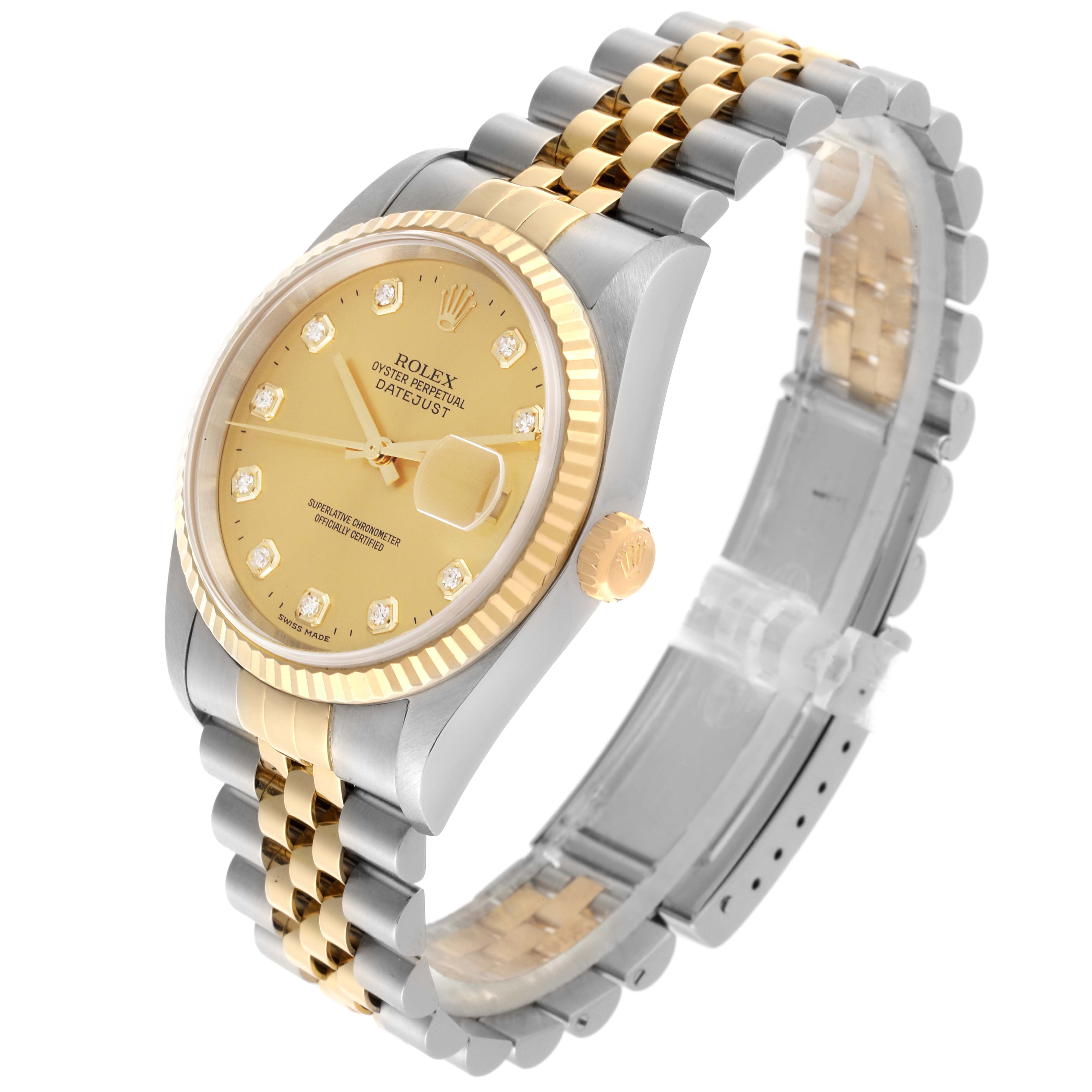 The Rolex Datejust 16233 Men's Steel and Gold (two tone) Champagne Dial 16233 Men's Steel and Gold (two tone) Champagne Dial watch is shown at a 3/4 angle, displaying the face, bezel, crown, and two-tone bracelet.
