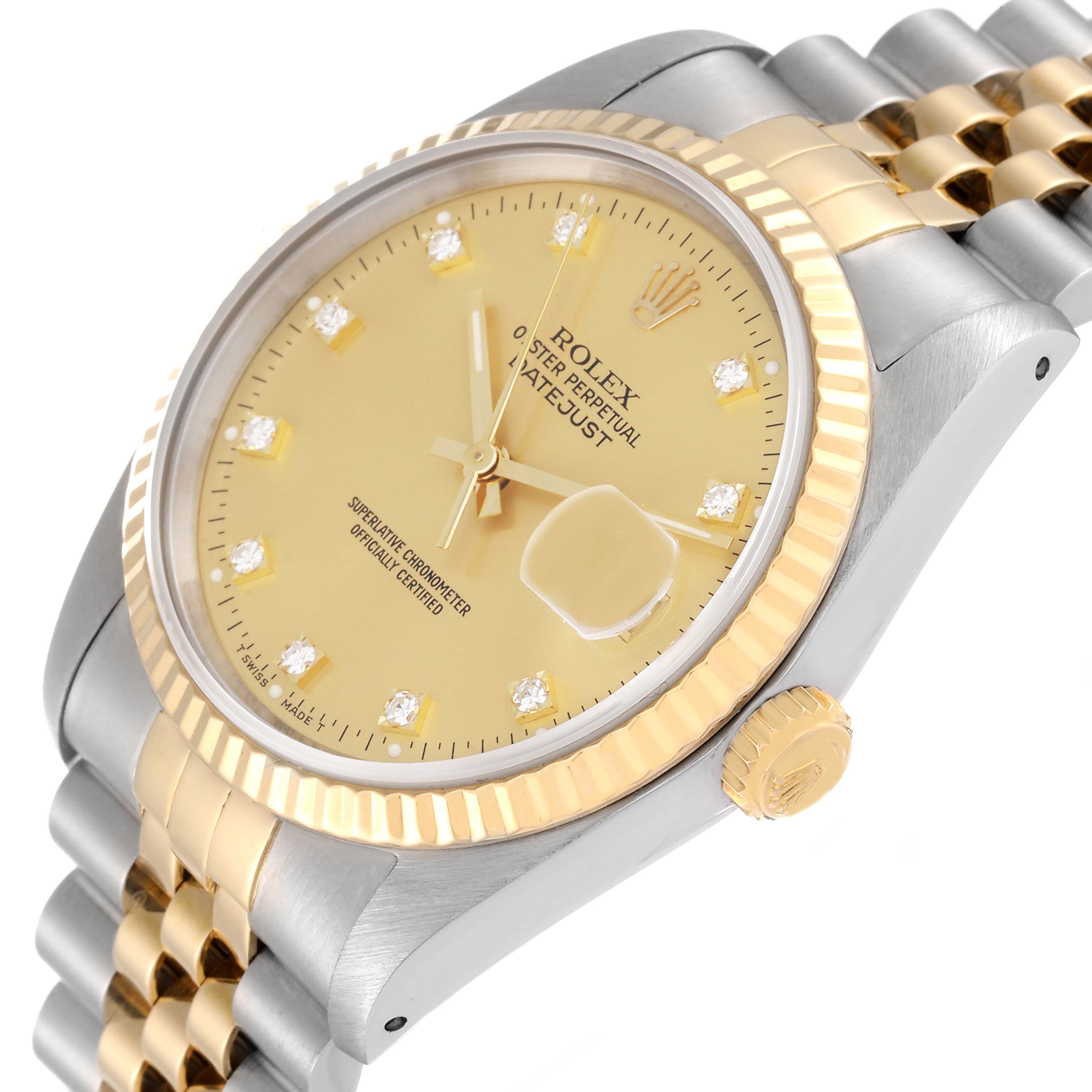 The image shows a Rolex Datejust 16233 Men's Steel and Gold (two tone) Champagne Dial 16233 Men's Steel and Gold (two tone) Champagne Dial watch at an oblique angle, highlighting the face, bezel, crown, and part of the bracelet.