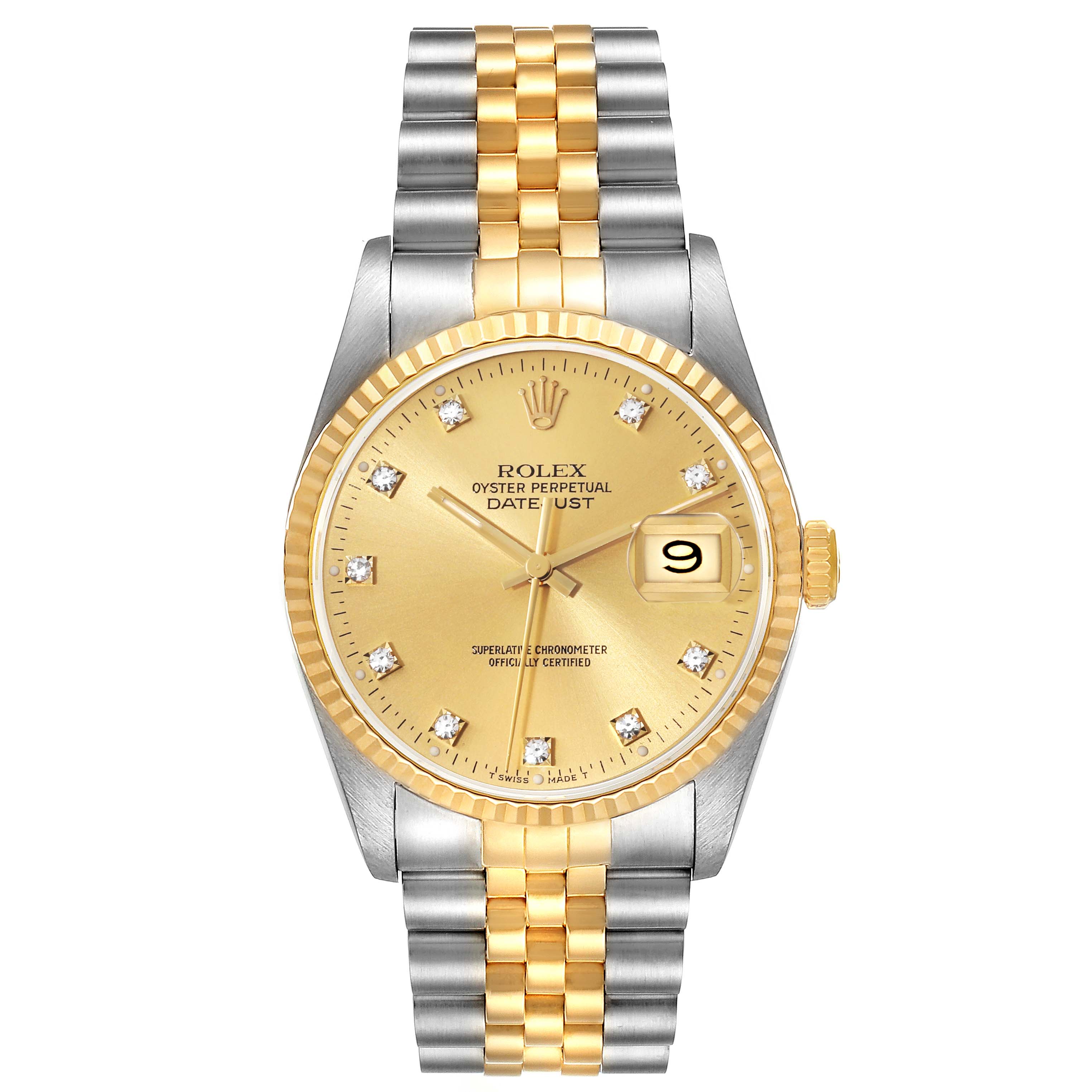 This is a front view of the Rolex Datejust 16233 Men's Steel and Gold (two tone) Champagne Dial 16233 Men's Steel and Gold (two tone) Champagne Dial watch, showing its face, dial, case, and two-tone bracelet.