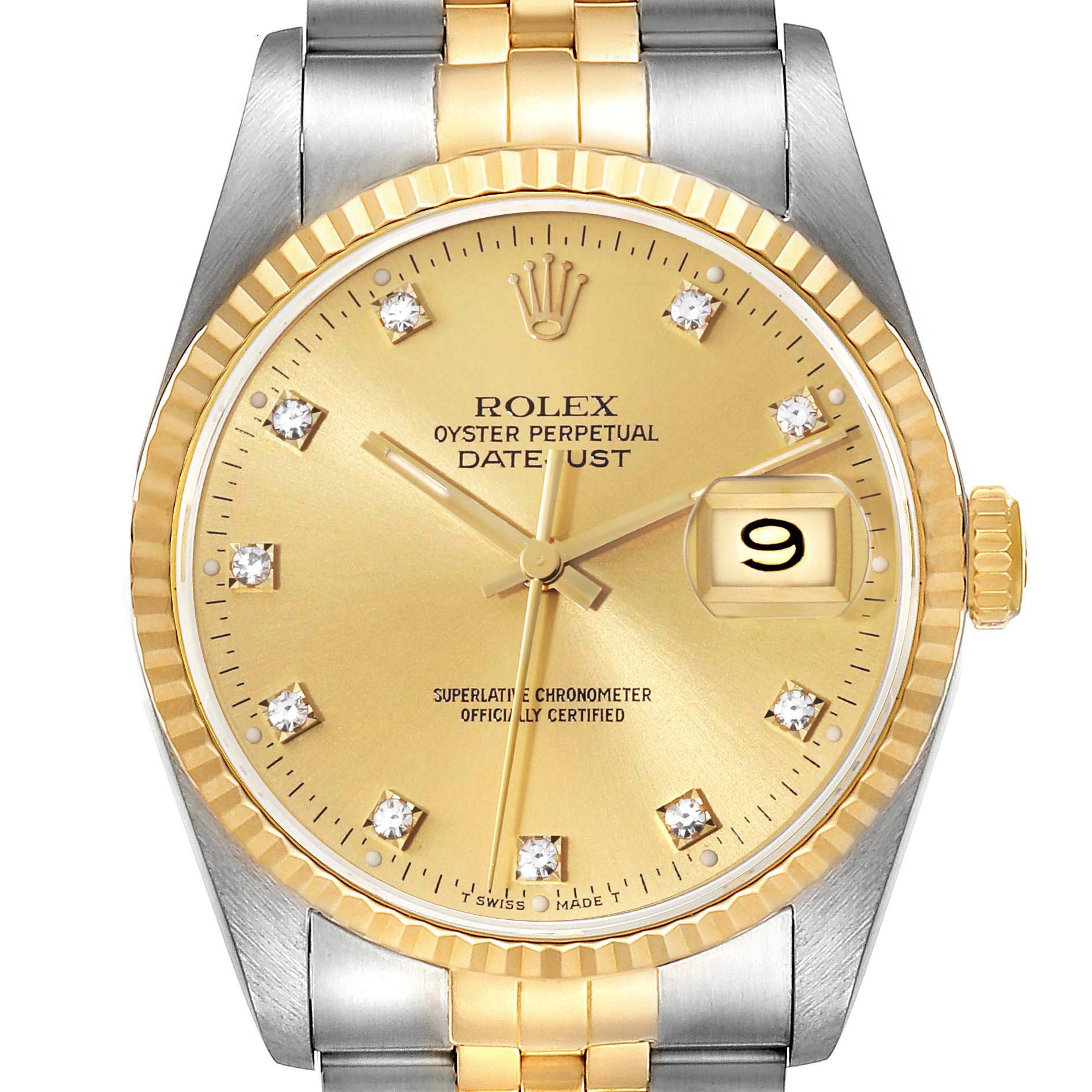 Close-up of a Rolex Datejust 16233 Men's Steel and Gold (two tone) Champagne Dial 16233 Men's Steel and Gold (two tone) Champagne Dial watch showing the face, bezel, dial, and part of the bracelet from a front angle.