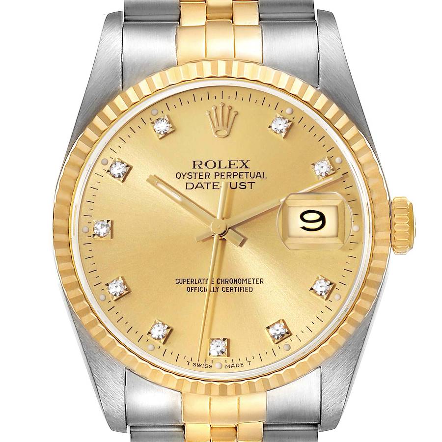 Rolex Datejust Steel Yellow Gold Diamond Dial Mens Watch 16233 SwissWatchExpo