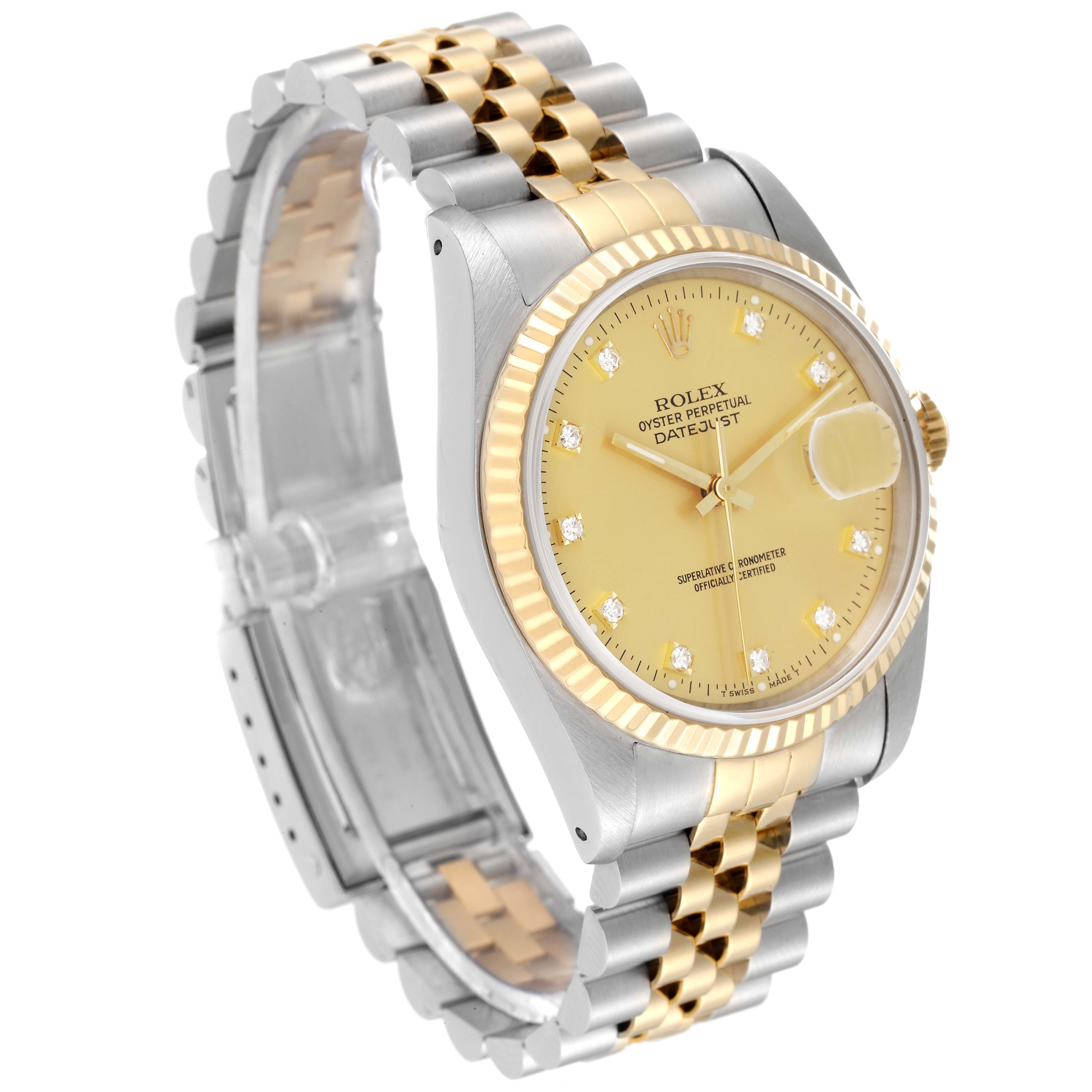 This Rolex Datejust 16233 Men's Steel and Gold (two tone) Champagne Dial 16233 Men's Steel and Gold (two tone) Champagne Dial watch is shown at a three-quarter angle, highlighting the face, bezel, and bracelet.