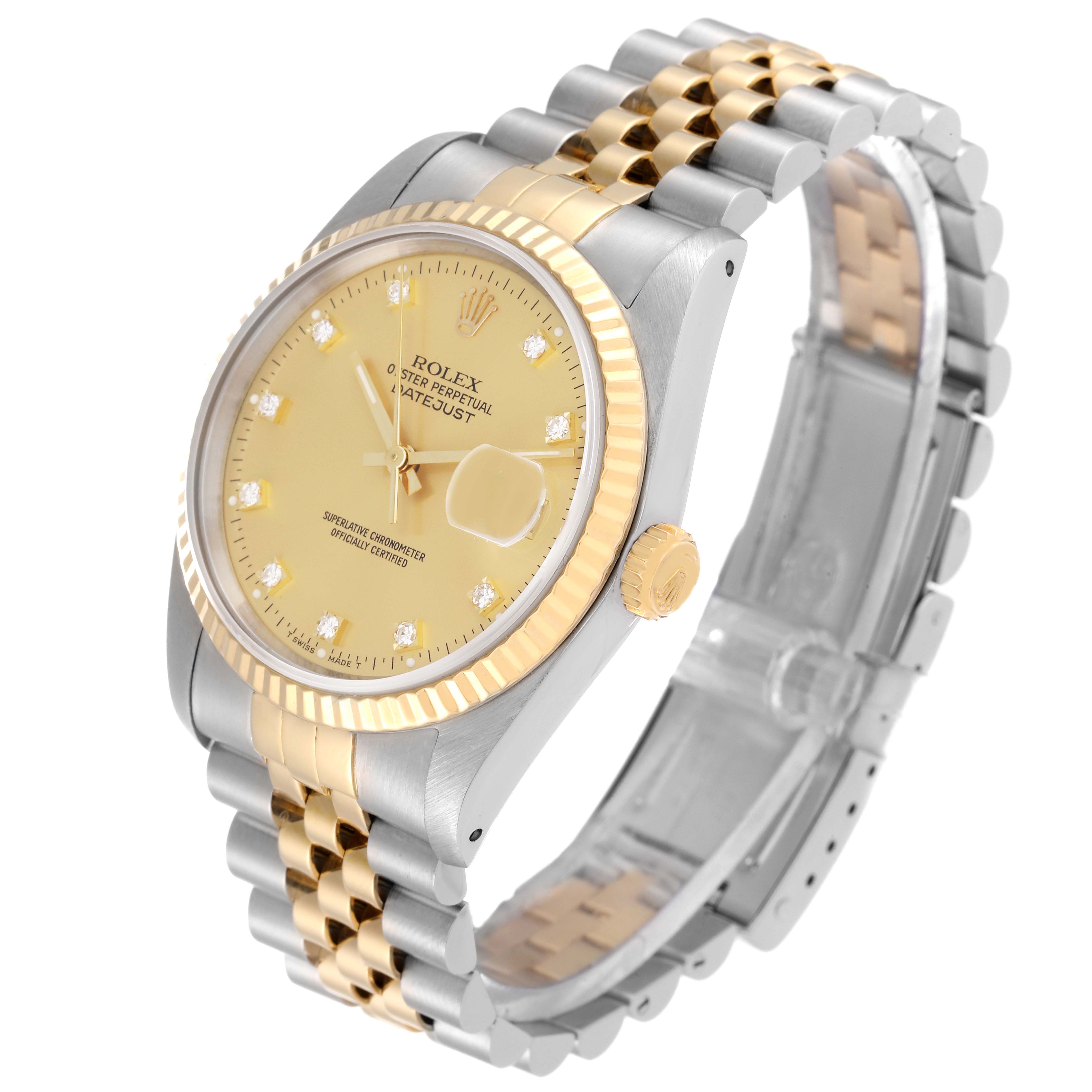The image shows a side-angle view of a Rolex Datejust 16233 Men's Steel and Gold (two tone) Champagne Dial 16233 Men's Steel and Gold (two tone) Champagne Dial watch, highlighting the face, crown, and two-tone bracelet.