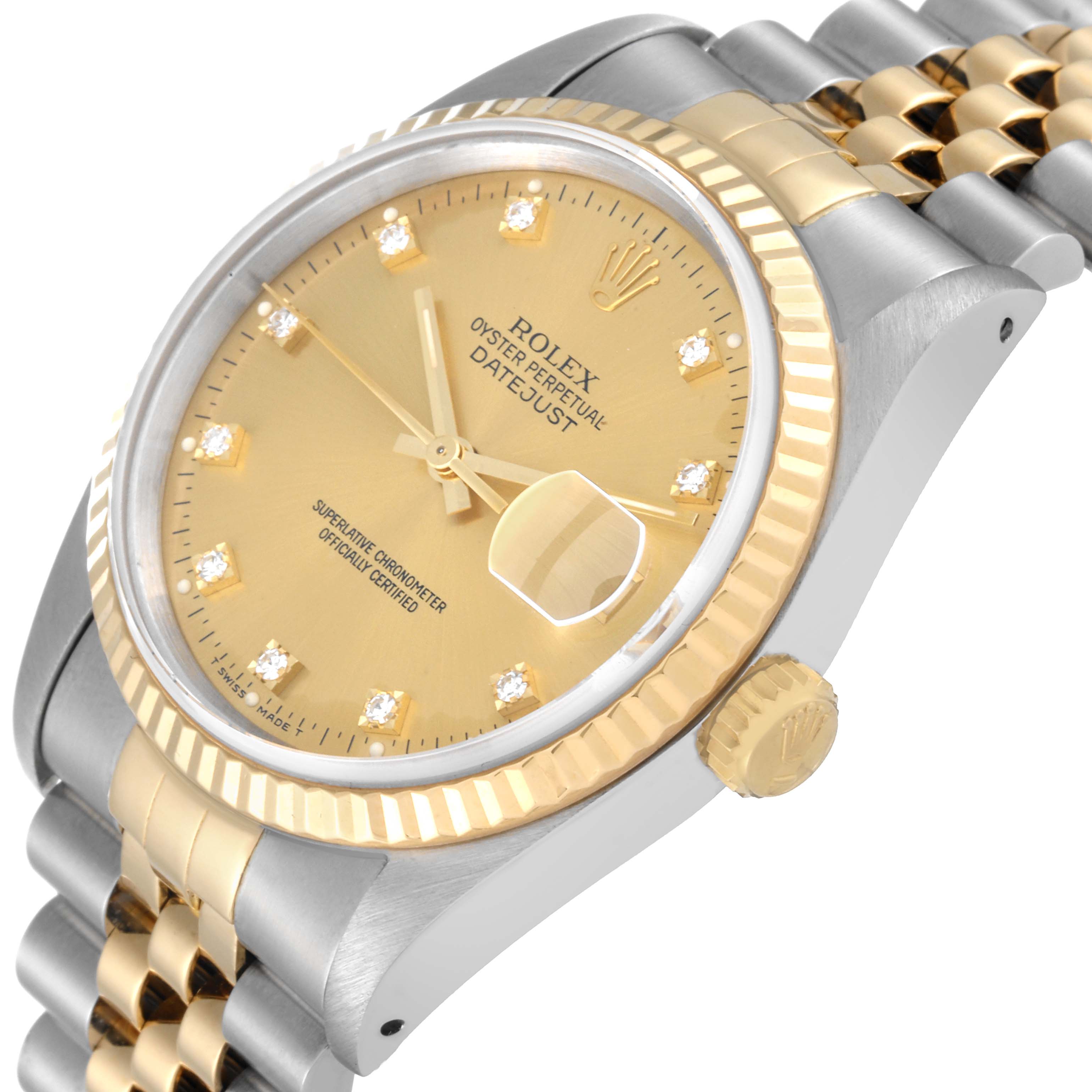 The image shows the face, bezel, crown, and bracelet of a Rolex Datejust 16233 Men's Steel and Gold (two tone) Champagne Dial 16233 Men's Steel and Gold (two tone) Champagne Dial watch at a slight angle.