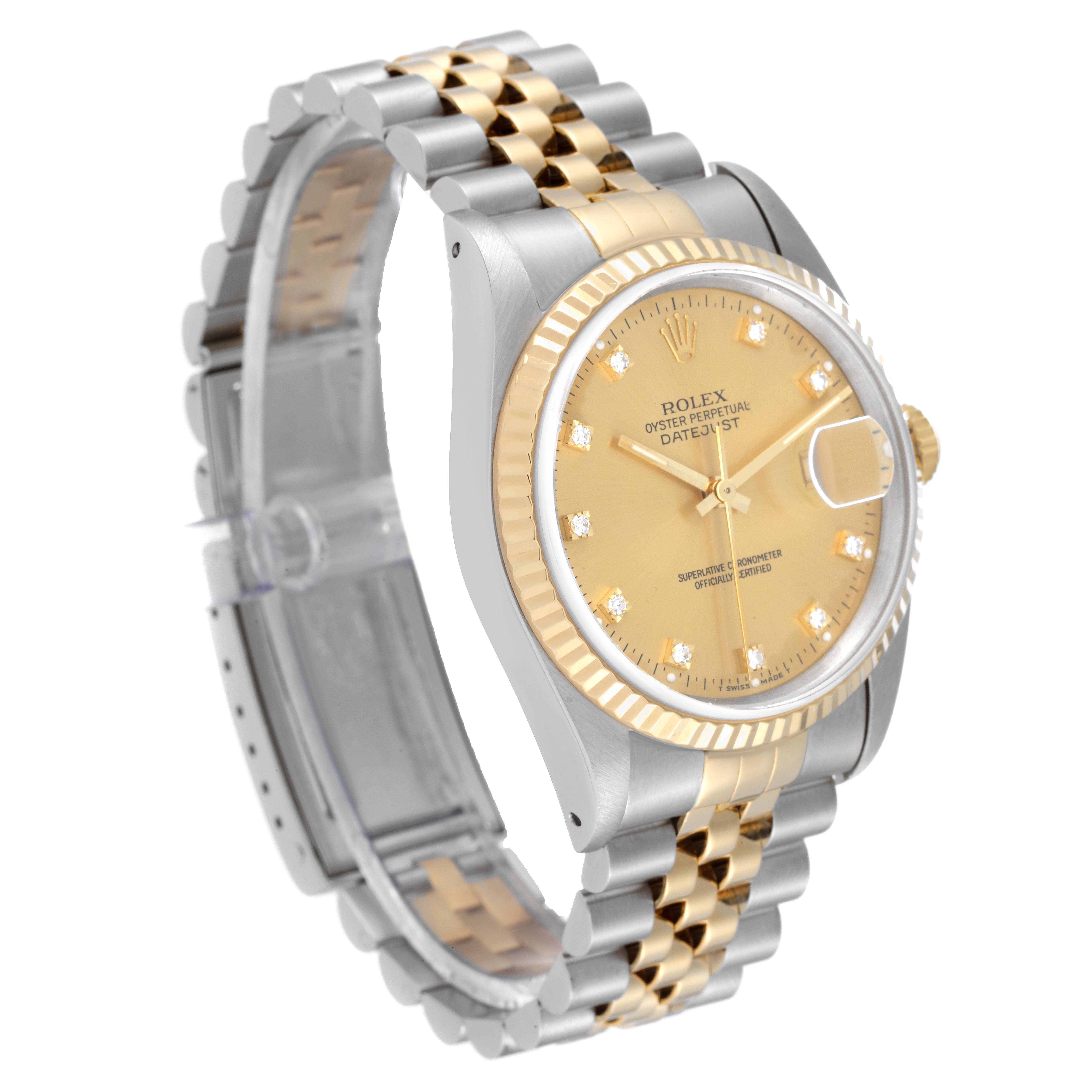 The Rolex Datejust 16233 Men's Steel and Gold (two tone) Champagne Dial 16233 Men's Steel and Gold (two tone) Champagne Dial watch is shown at an angle displaying the dial, bezel, and part of the bracelet.