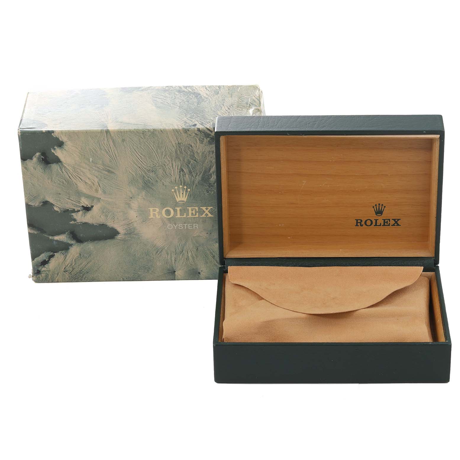 The image shows the packaging, including an outer box and inner wooden case, for a Rolex Datejust 16233 Men's Steel and Gold (two tone) Champagne Dial 16233 Men's Steel and Gold (two tone) Champagne Dial model watch.