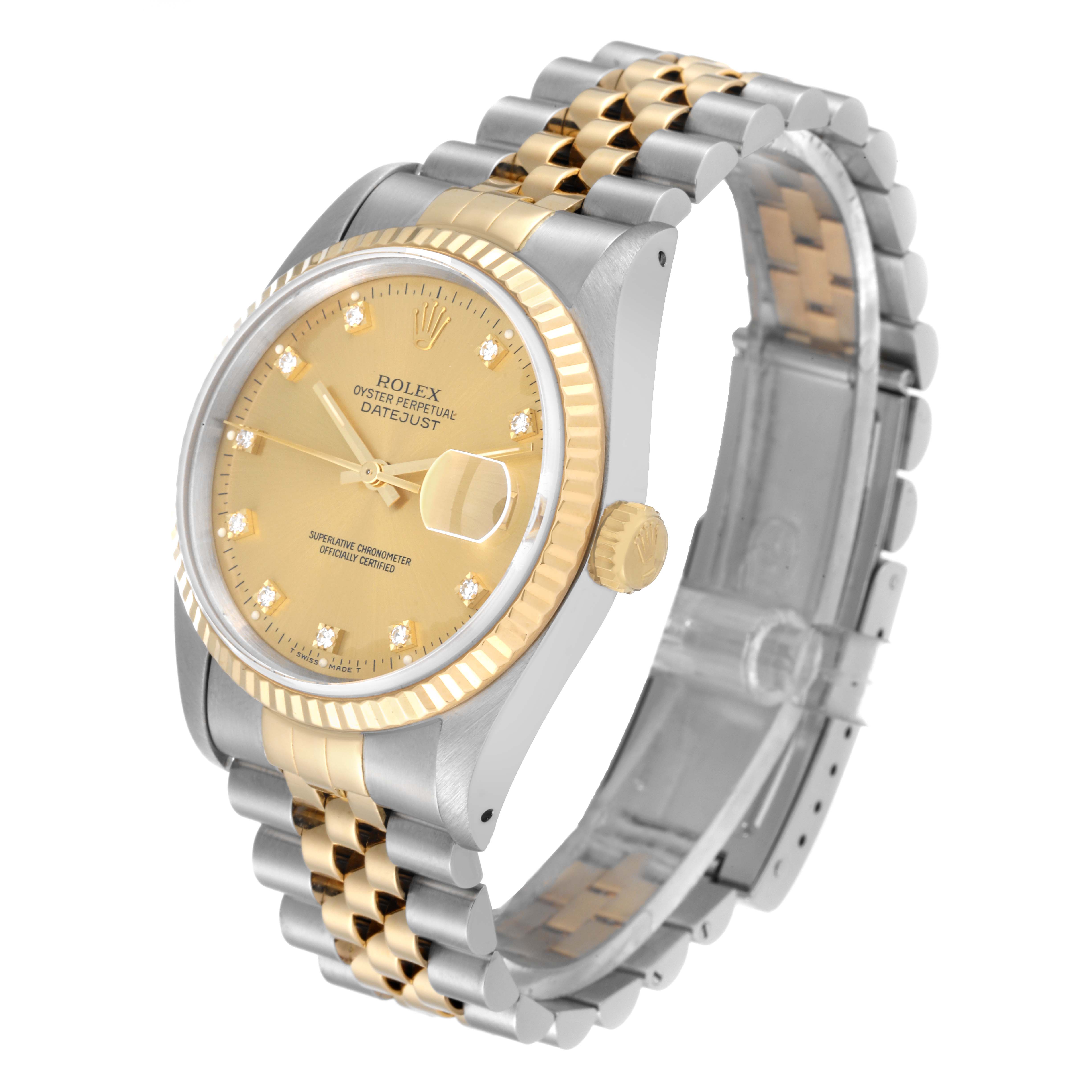 The image shows a Rolex Datejust 16233 Men's Steel and Gold (two tone) Champagne Dial 16233 Men's Steel and Gold (two tone) Champagne Dial watch at a three-quarter angle, highlighting its gold and stainless steel parts, bezel, and dial.