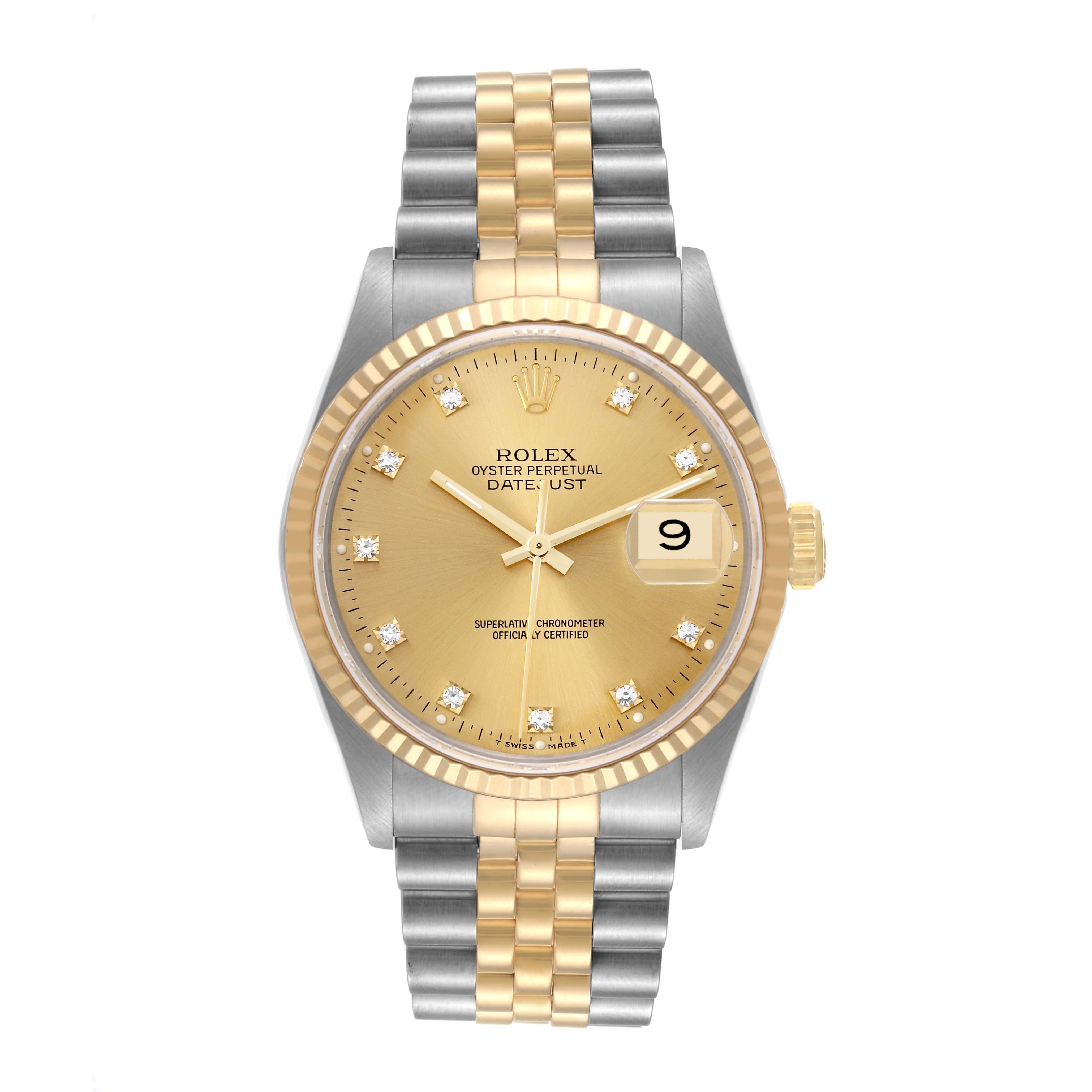 This image shows a front view of a Rolex Datejust 16233 Men's Steel and Gold (two tone) Champagne Dial 16233 Men's Steel and Gold (two tone) Champagne Dial watch, displaying its dial, bezel, and bracelet.