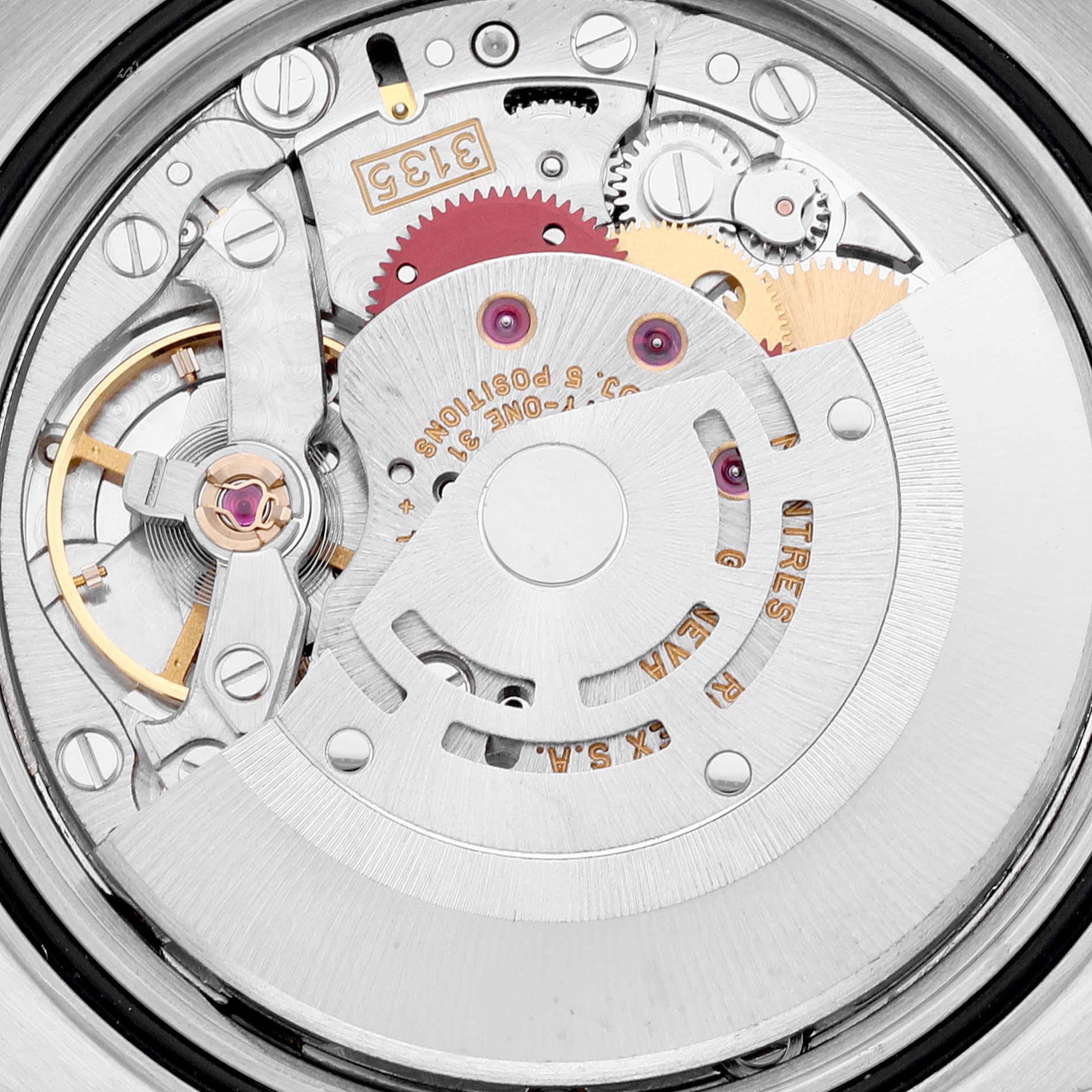 This image shows a close-up view of the movement mechanism inside a Rolex Datejust 16233 Men's Steel and Gold (two tone) Champagne Dial 16233 Men's Steel and Gold (two tone) Champagne Dial watch.