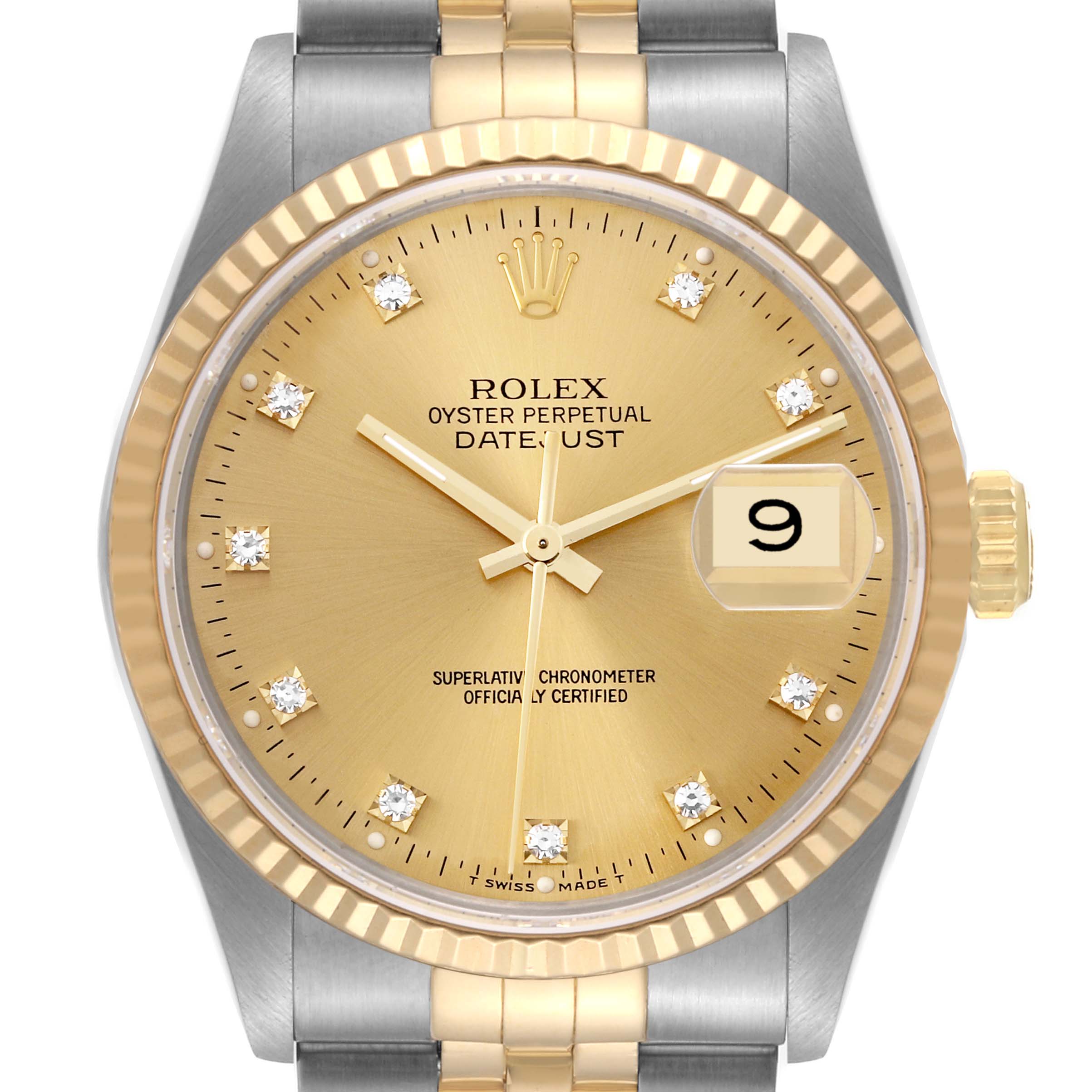 This image shows a front view of a Rolex Datejust 16233 Men's Steel and Gold (two tone) Champagne Dial 16233 Men's Steel and Gold (two tone) Champagne Dial watch, displaying the dial, bezel, and part of the bracelet.