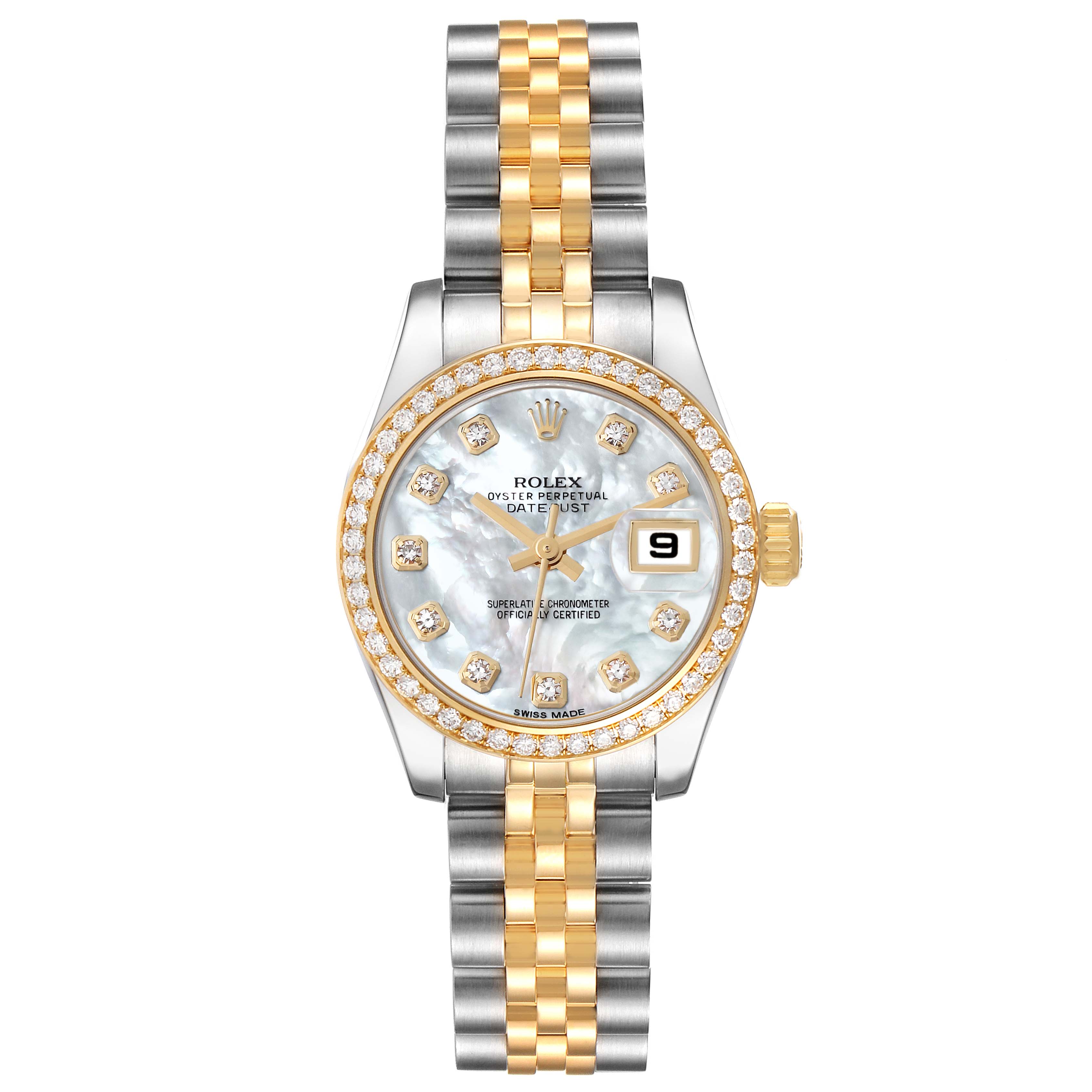 The image shows a front view of the Rolex Datejust 179383 Women's Steel and Gold (two tone) Mother of Pearl Dial 179383 Women's Steel and Gold (two tone) Mother of Pearl Dial watch, highlighting its two-tone band, diamond bezel, and round dial with date.