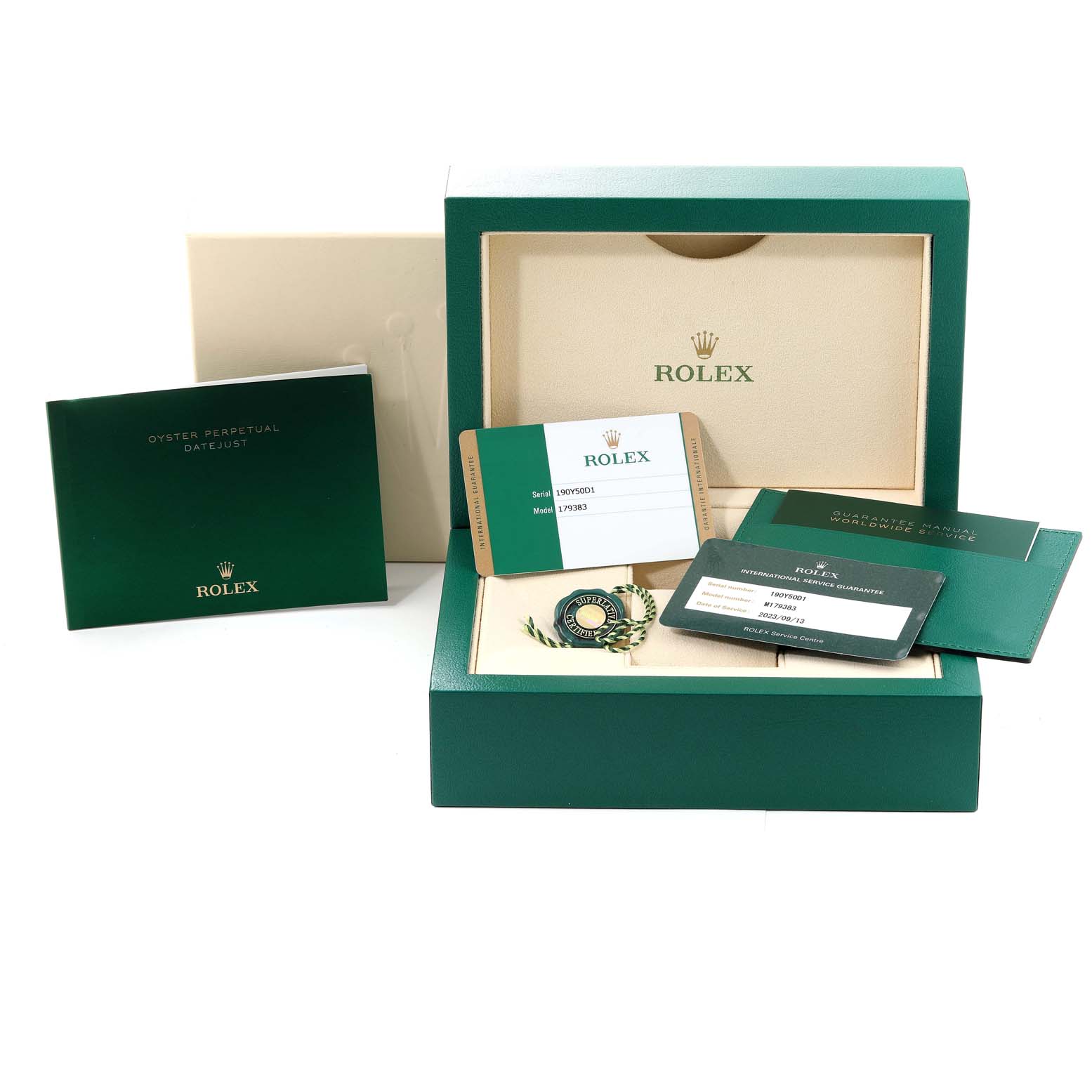 The image shows the packaging and accessories for the Rolex Datejust 179383 Women's Steel and Gold (two tone) Mother of Pearl Dial 179383 Women's Steel and Gold (two tone) Mother of Pearl Dial, including the box, manuals, and warranty cards.