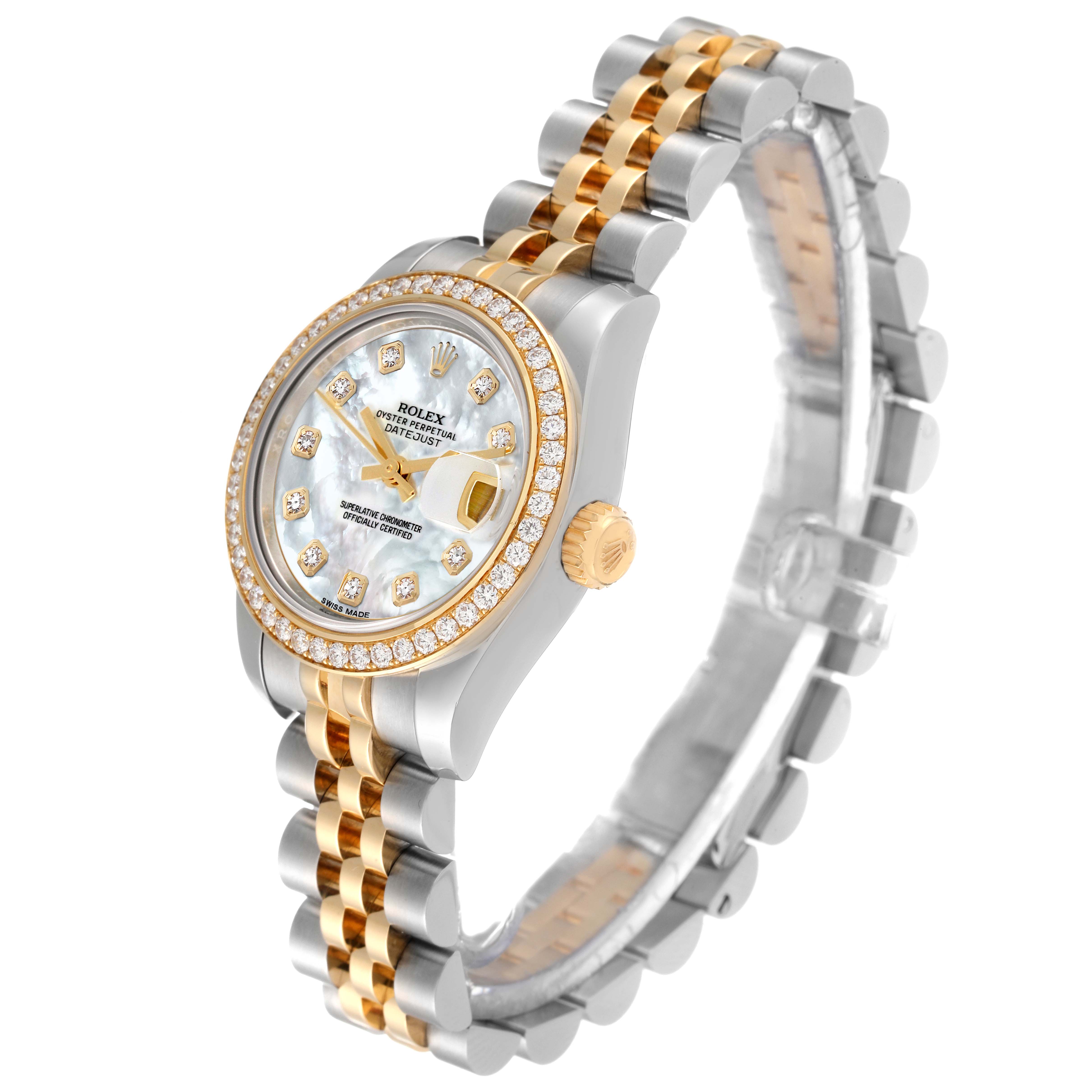 The image shows a Rolex Datejust 179383 Women's Steel and Gold (two tone) Mother of Pearl Dial 179383 Women's Steel and Gold (two tone) Mother of Pearl Dial watch at a 3/4 angle, highlighting its bezel, face, crown, and bracelet.