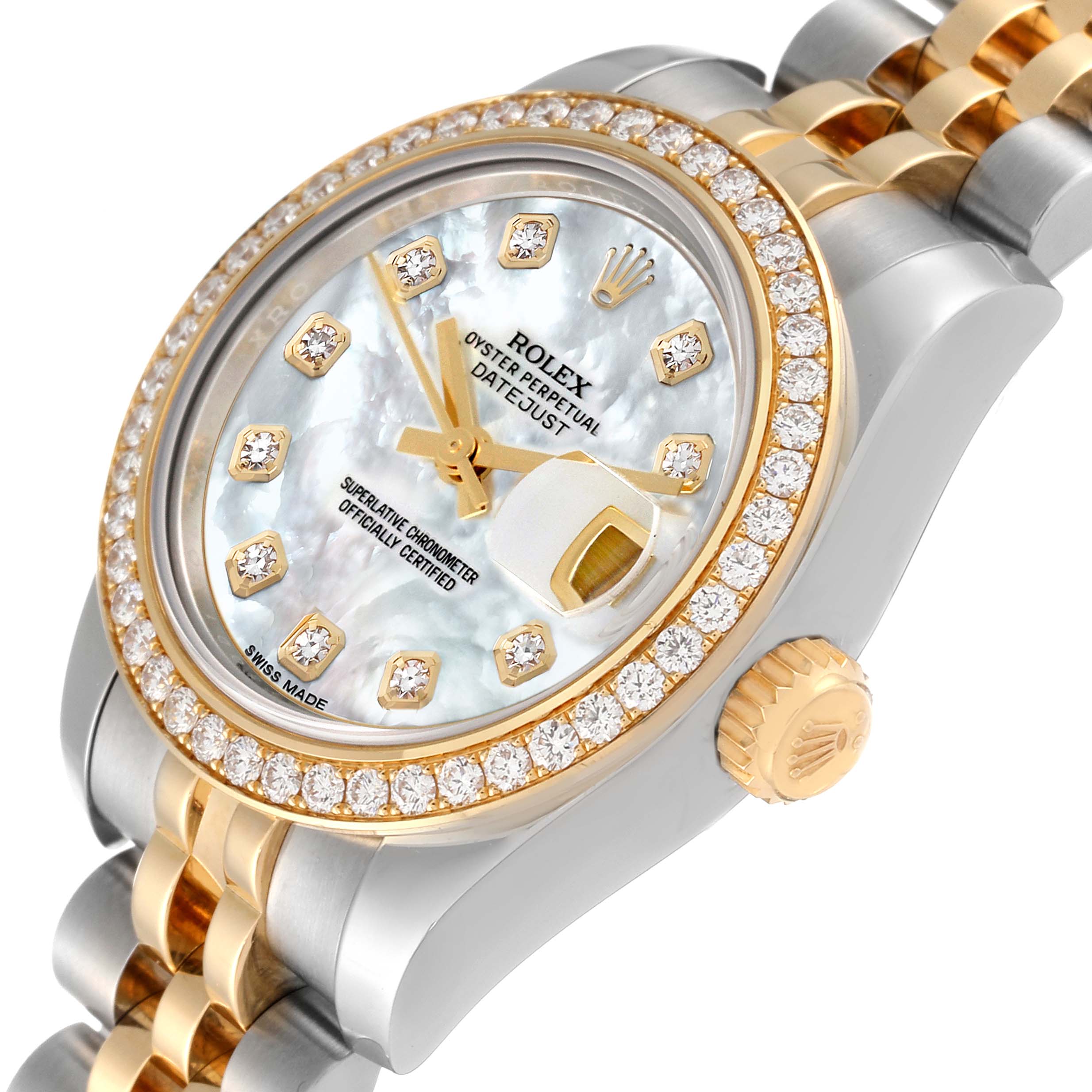 This is a close-up angle of the Rolex Datejust 179383 Women's Steel and Gold (two tone) Mother of Pearl Dial 179383 Women's Steel and Gold (two tone) Mother of Pearl Dial watch, showing the crown, bezel, face, and bracelet.