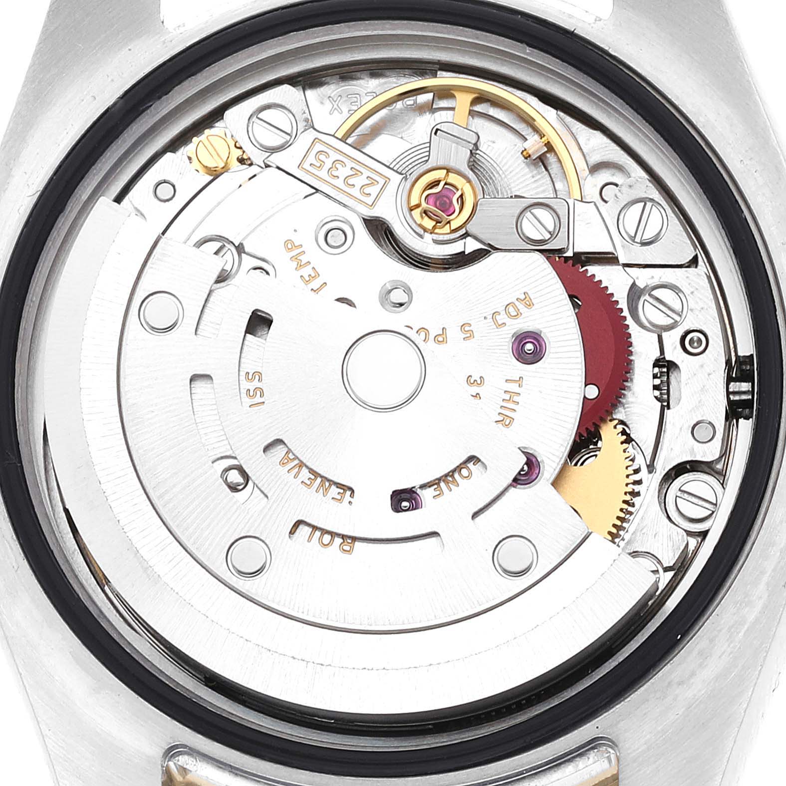 This is a close-up view of the movement and internal mechanism of a Rolex Datejust 179383 Women's Steel and Gold (two tone) Mother of Pearl Dial 179383 Women's Steel and Gold (two tone) Mother of Pearl Dial model watch.