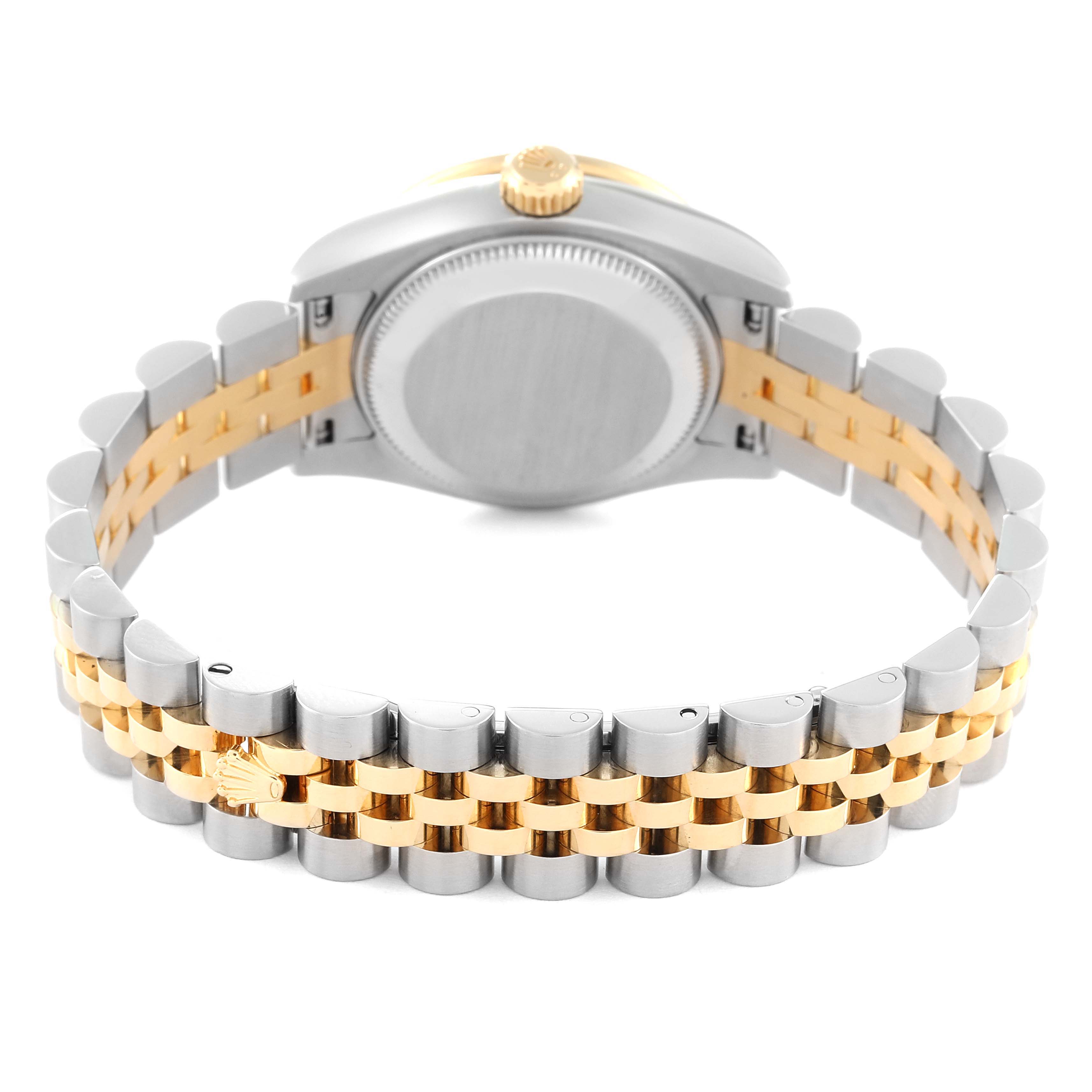 This image shows the back view of the Rolex Datejust 179383 Women's Steel and Gold (two tone) Mother of Pearl Dial 179383 Women's Steel and Gold (two tone) Mother of Pearl Dial watch, featuring the case back and two-tone bracelet in gold and silver.