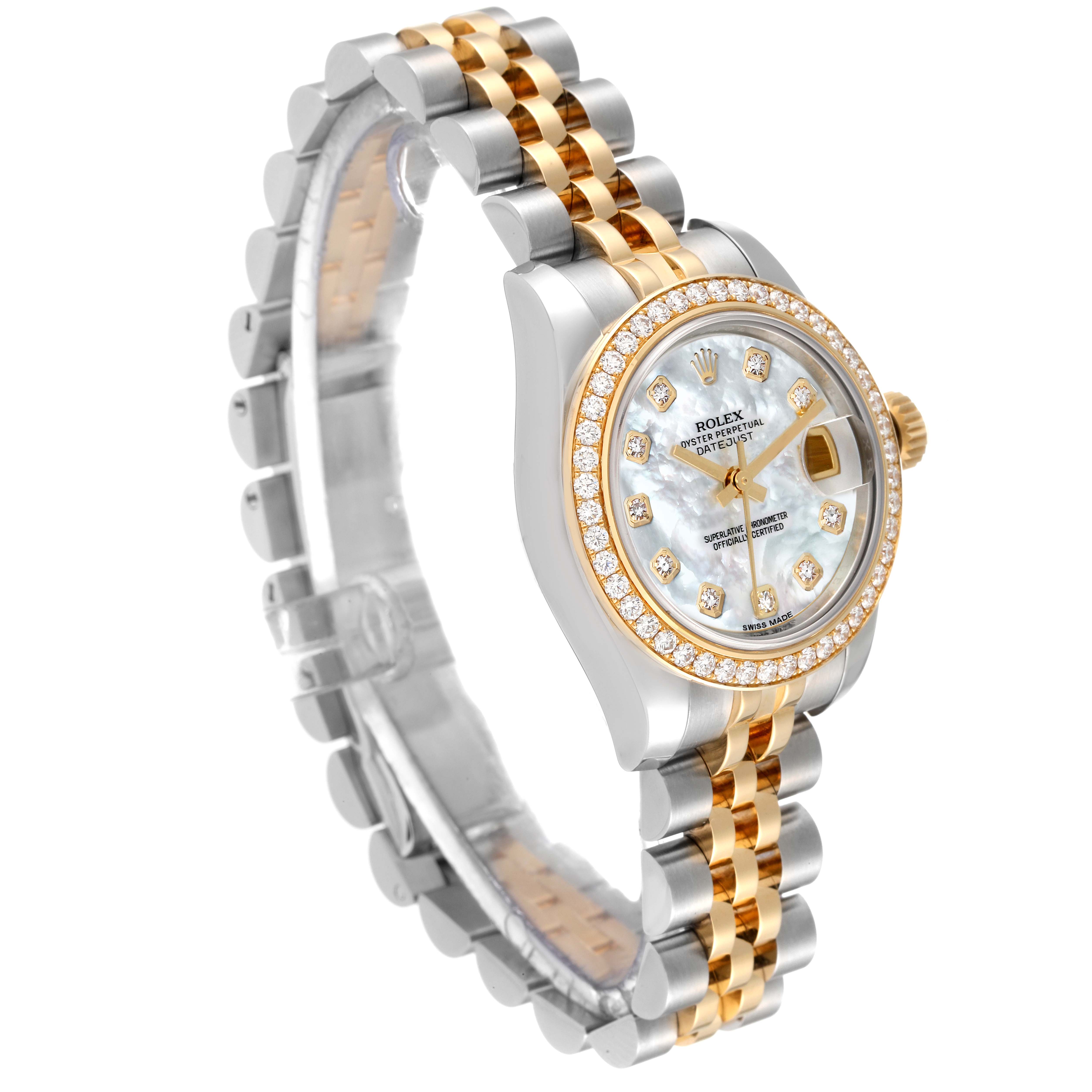 The image shows a Rolex Datejust 179383 Women's Steel and Gold (two tone) Mother of Pearl Dial 179383 Women's Steel and Gold (two tone) Mother of Pearl Dial watch at a slight angle, displaying the face, bezel, and part of the band.