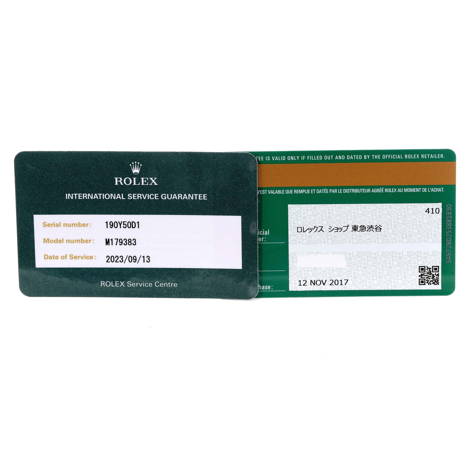 The image shows two cards, an international service guarantee card and a warranty card, for a Rolex Datejust 179383 Women's Steel and Gold (two tone) Mother of Pearl Dial 179383 Women's Steel and Gold (two tone) Mother of Pearl Dial model M179383.