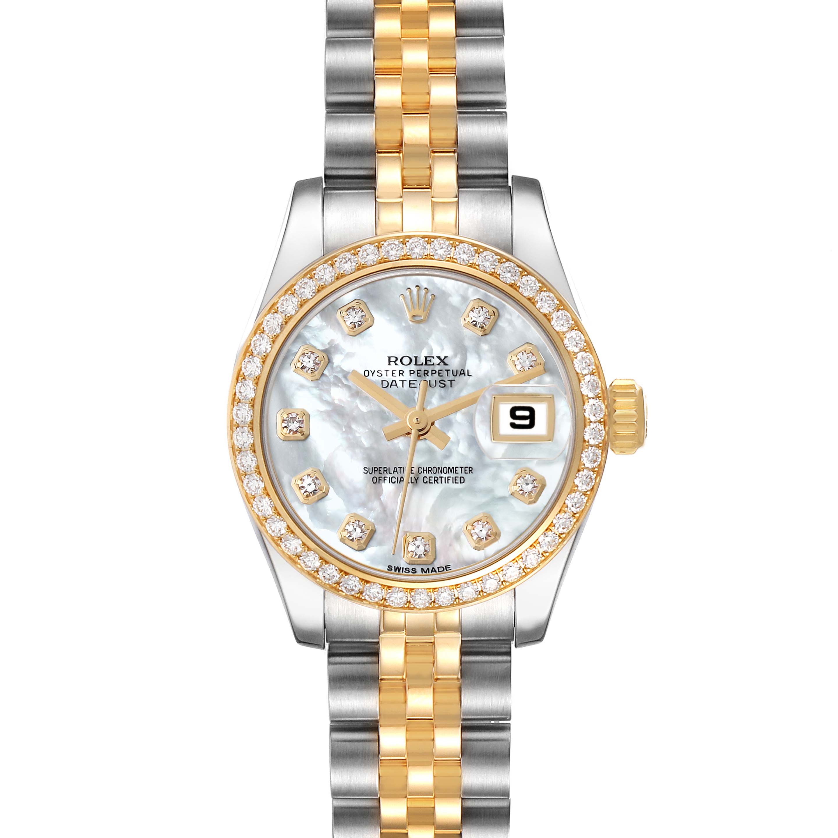 The image shows a Rolex Datejust 179383 Women's Steel and Gold (two tone) Mother of Pearl Dial 179383 Women's Steel and Gold (two tone) Mother of Pearl Dial watch from a front angle, highlighting its dial, bezel, crown, and two-tone bracelet.