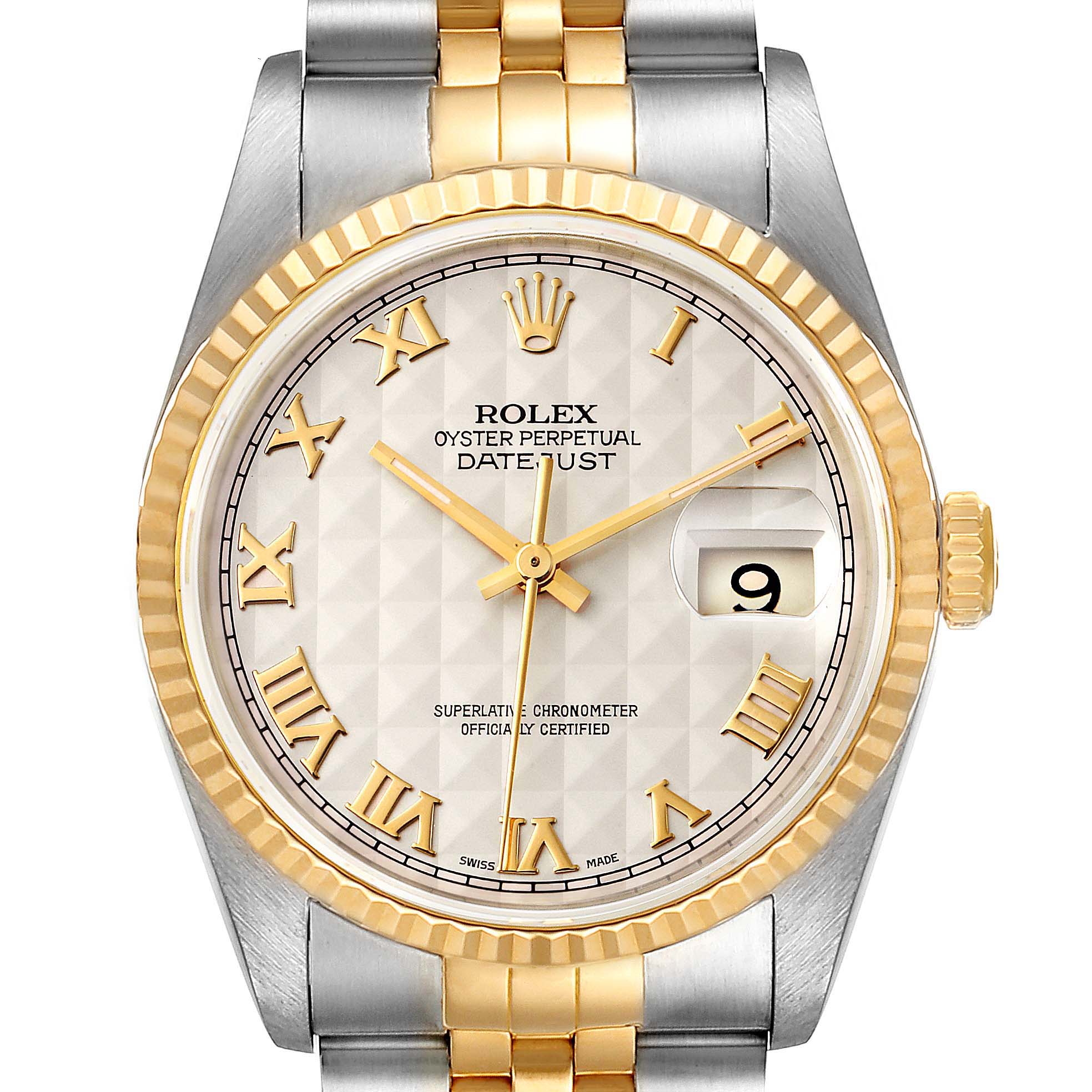 The image shows a frontal view of a Rolex Datejust 16233 Men's Steel and Gold (two tone) Beige Dial 16233 Men's Steel and Gold (two tone) Beige Dial watch, highlighting its dial, fluted bezel, crown, and two-tone bracelet.