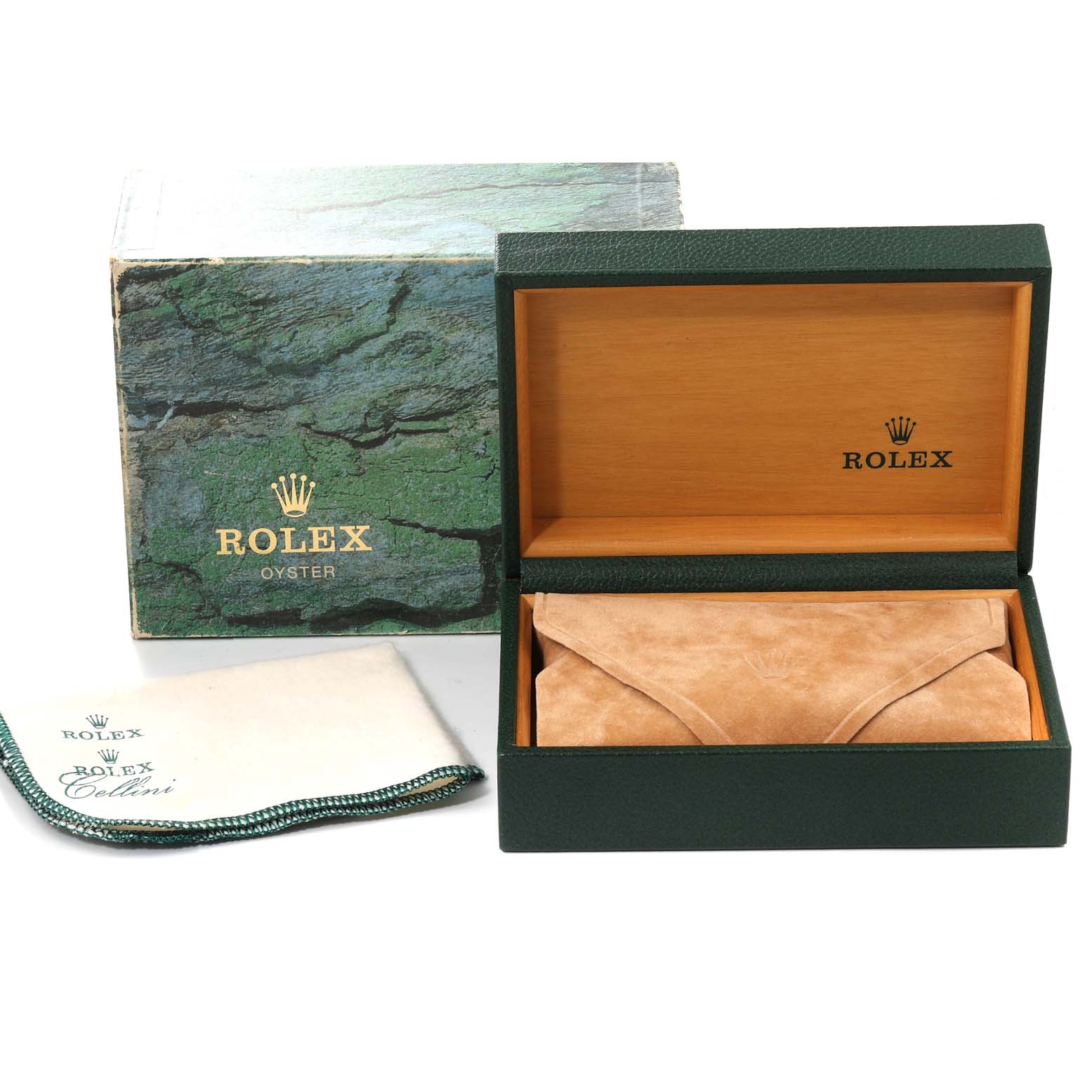 This image shows the packaging and accessories for a Rolex Datejust 16233 Men's Steel and Gold (two tone) Beige Dial 16233 Men's Steel and Gold (two tone) Beige Dial watch, including a box, pouch, and polishing cloth.