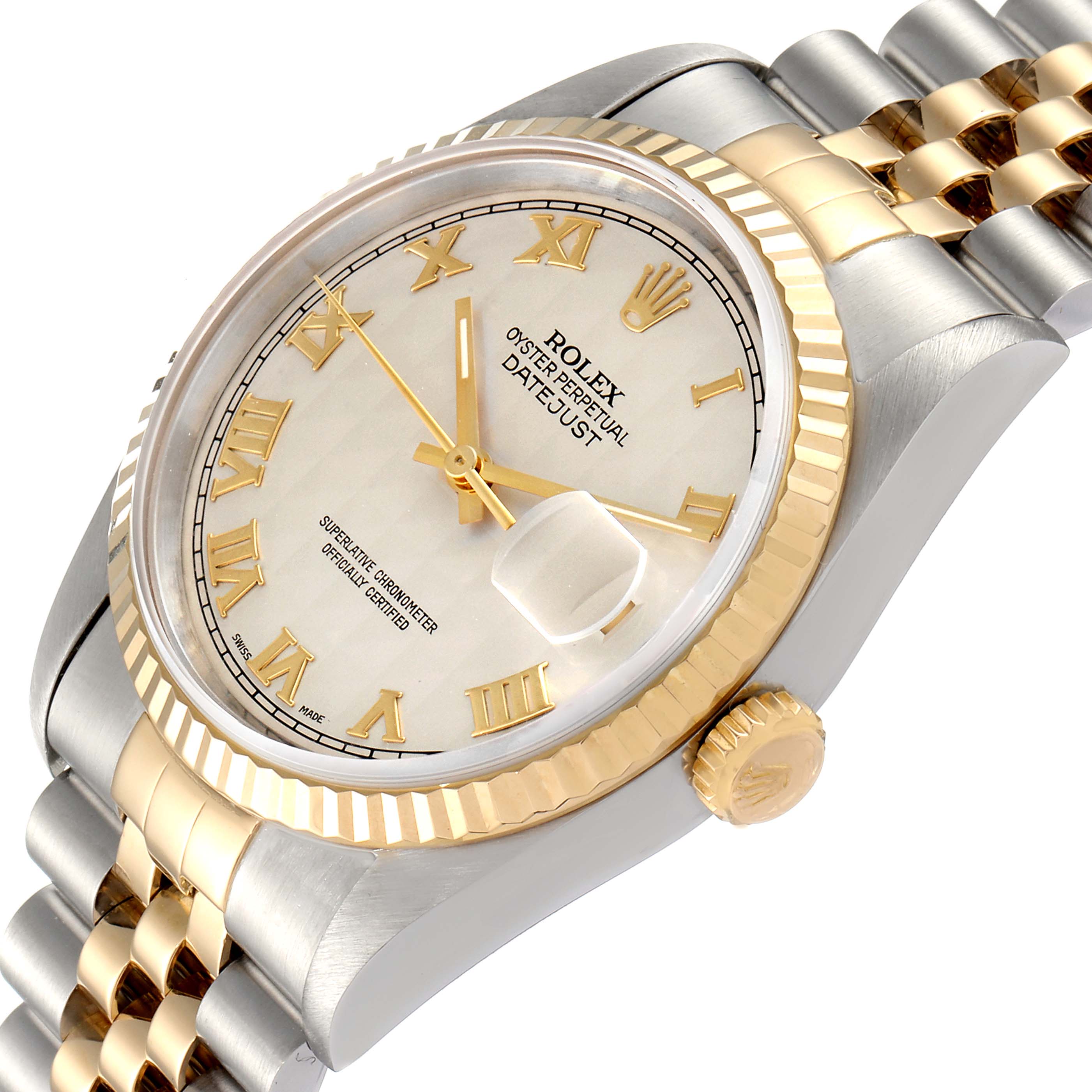 This image shows a close-up of a Rolex Datejust 16233 Men's Steel and Gold (two tone) Beige Dial 16233 Men's Steel and Gold (two tone) Beige Dial watch from an angled view, highlighting the dial, bezel, crown, and jubilee bracelet.