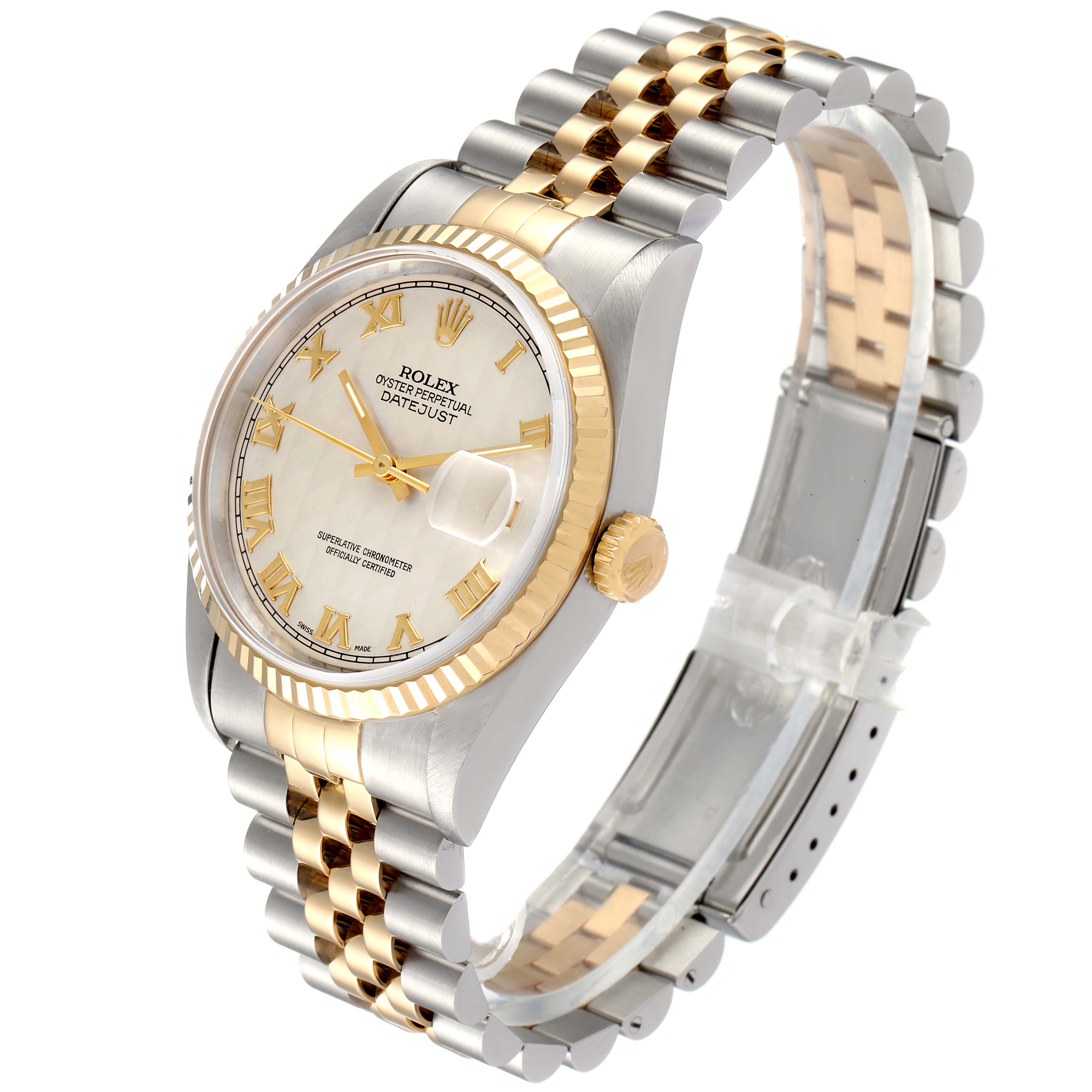 The image shows a Rolex Datejust 16233 Men's Steel and Gold (two tone) Beige Dial 16233 Men's Steel and Gold (two tone) Beige Dial watch angled to display the face, bezel, crown, and Jubilee bracelet.