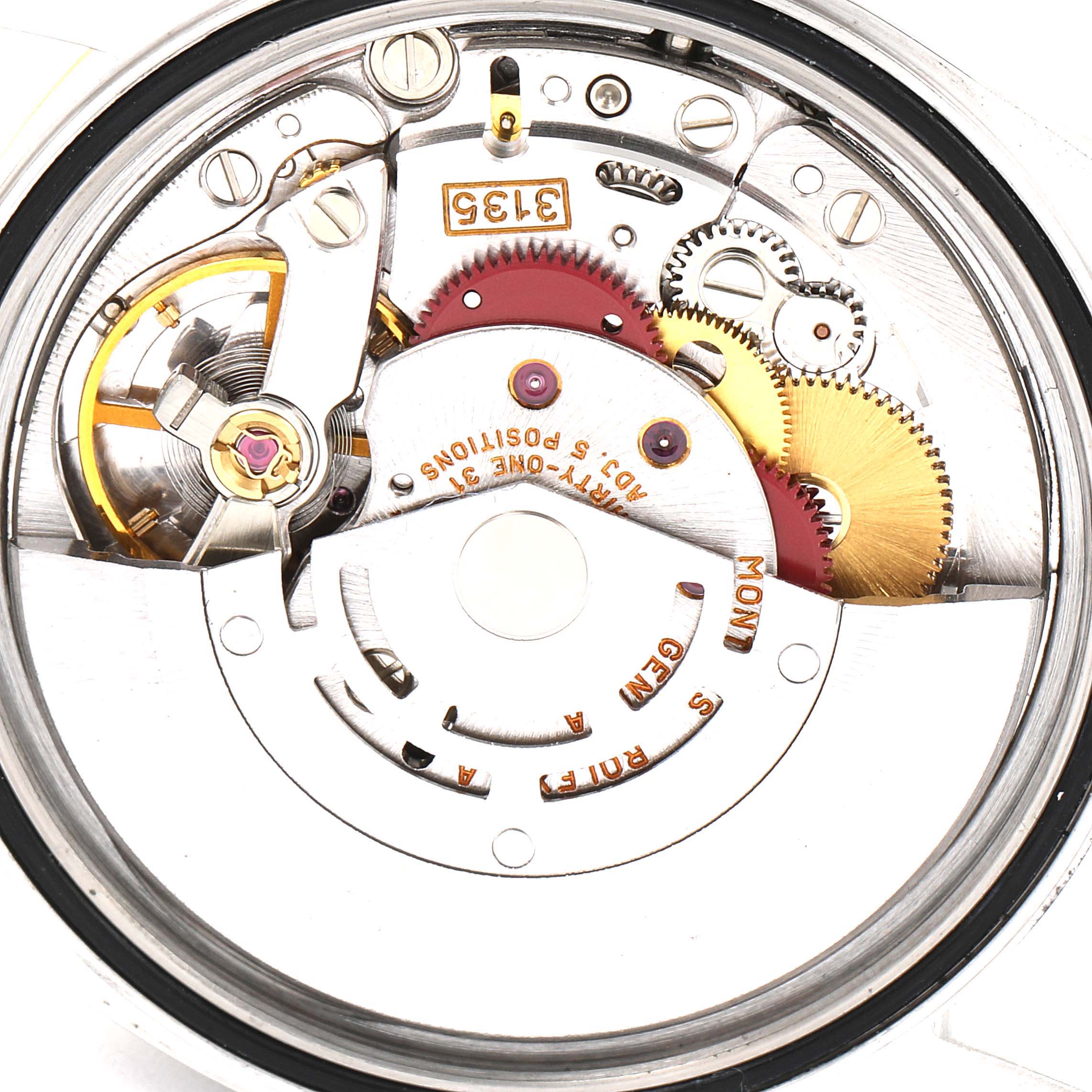 The image shows the internal movement mechanism of a Rolex Datejust 16233 Men's Steel and Gold (two tone) Beige Dial 16233 Men's Steel and Gold (two tone) Beige Dial watch from a top-down angle.