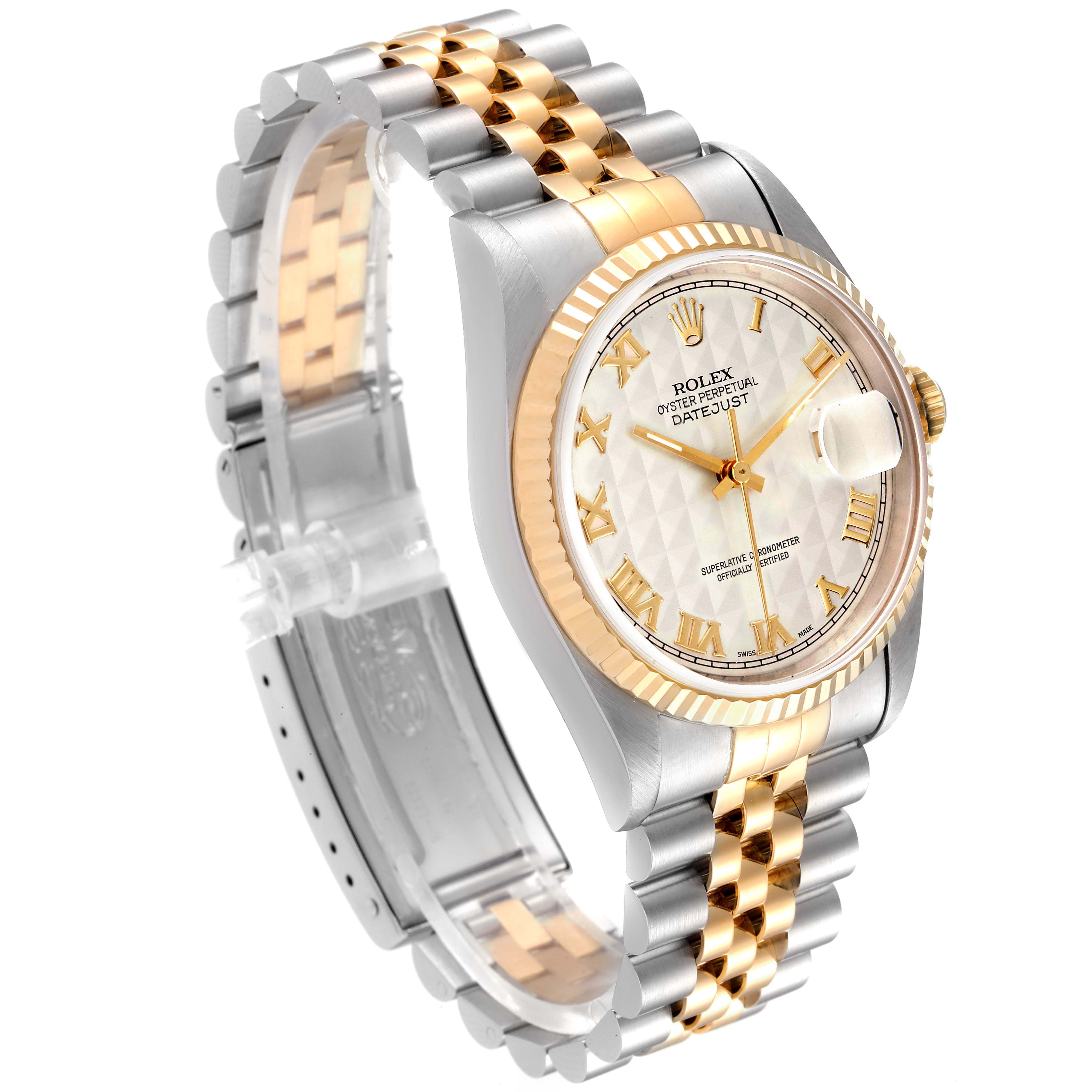 The image showcases a Rolex Datejust 16233 Men's Steel and Gold (two tone) Beige Dial 16233 Men's Steel and Gold (two tone) Beige Dial watch displaying its face, dial, bezel, and two-tone bracelet at a three-quarter angle.