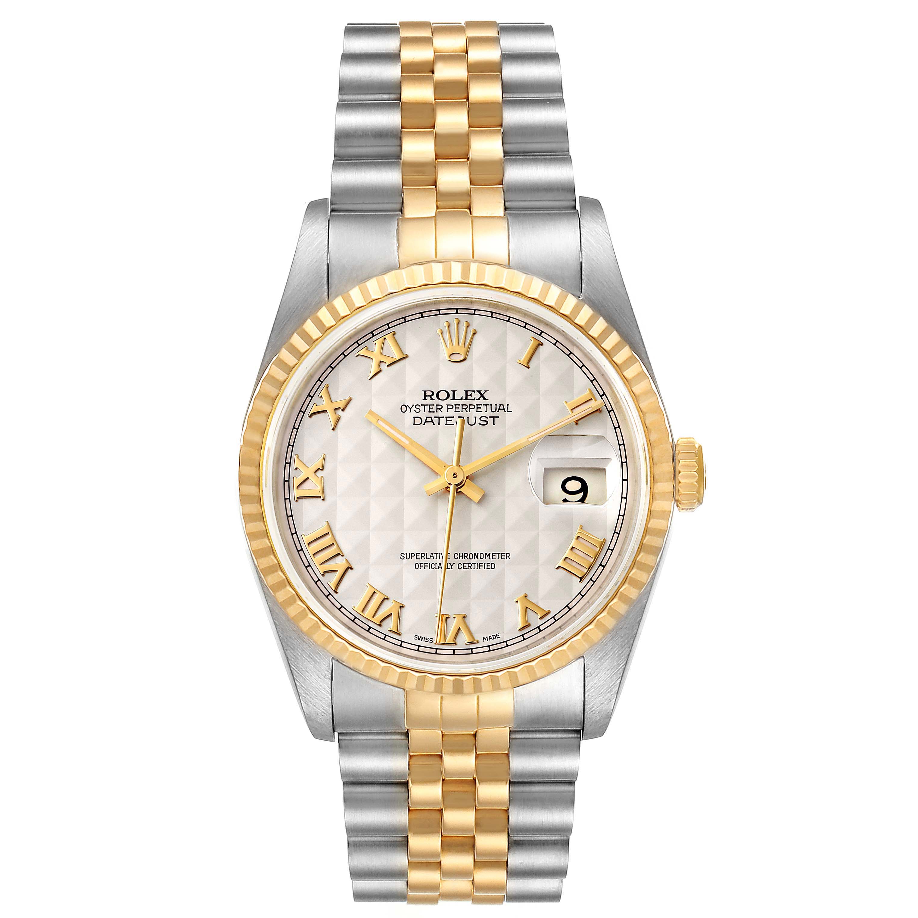 The image shows a front view of a Rolex Datejust 16233 Men's Steel and Gold (two tone) Beige Dial 16233 Men's Steel and Gold (two tone) Beige Dial watch, displaying its dial, bezel, crown, and two-tone bracelet.