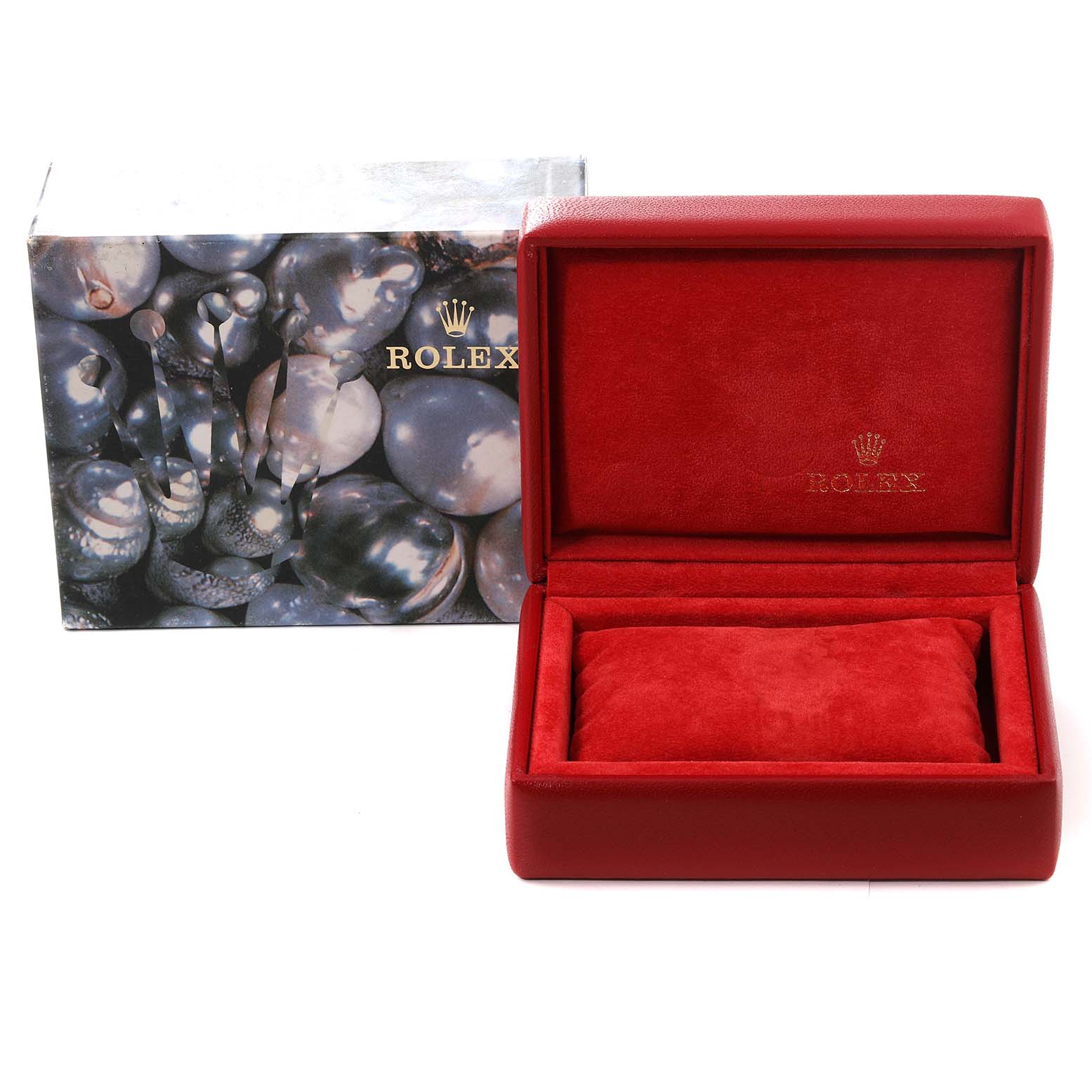The image shows an empty Rolex Datejust 69163 Women's Steel and Gold (two tone) Grey Dial 69163 Women's Steel and Gold (two tone) Grey Dial watch box in red with its decorative outer box featuring the brand logo.