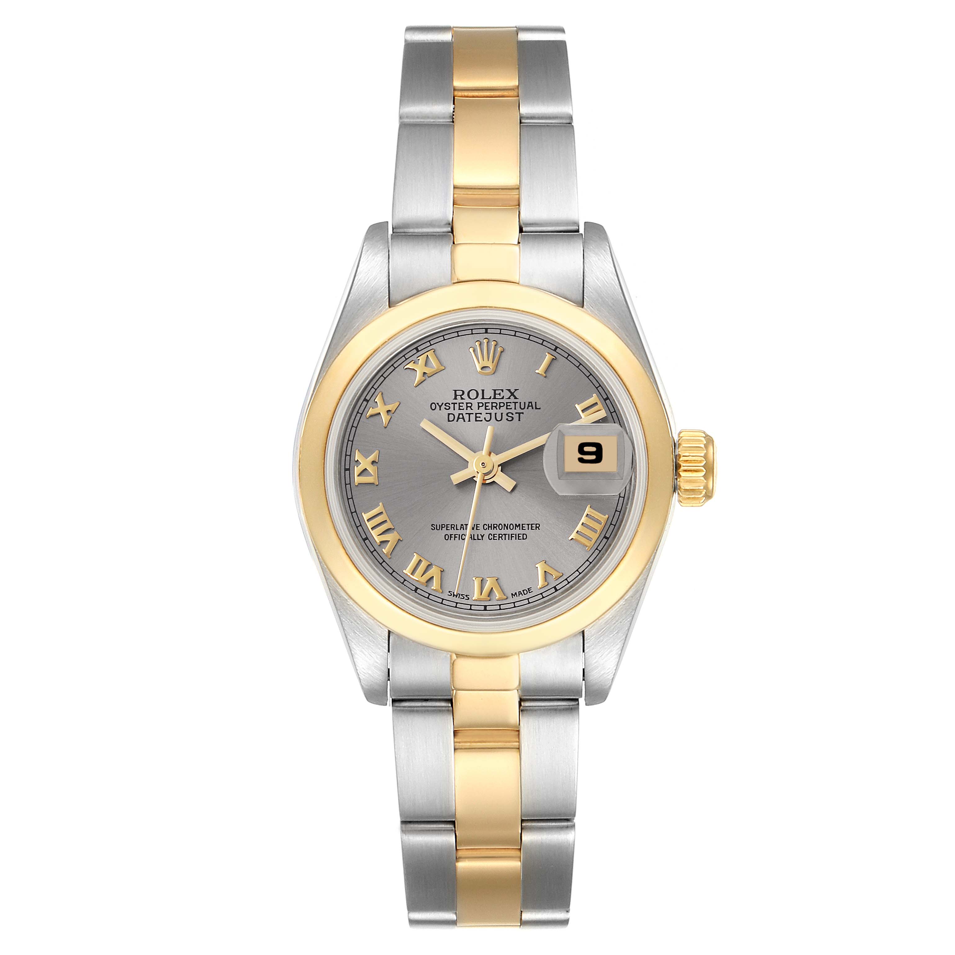 The Rolex Datejust 69163 Women's Steel and Gold (two tone) Grey Dial 69163 Women's Steel and Gold (two tone) Grey Dial watch is shown from a top-down angle, displaying the dial, bezel, and wristband.