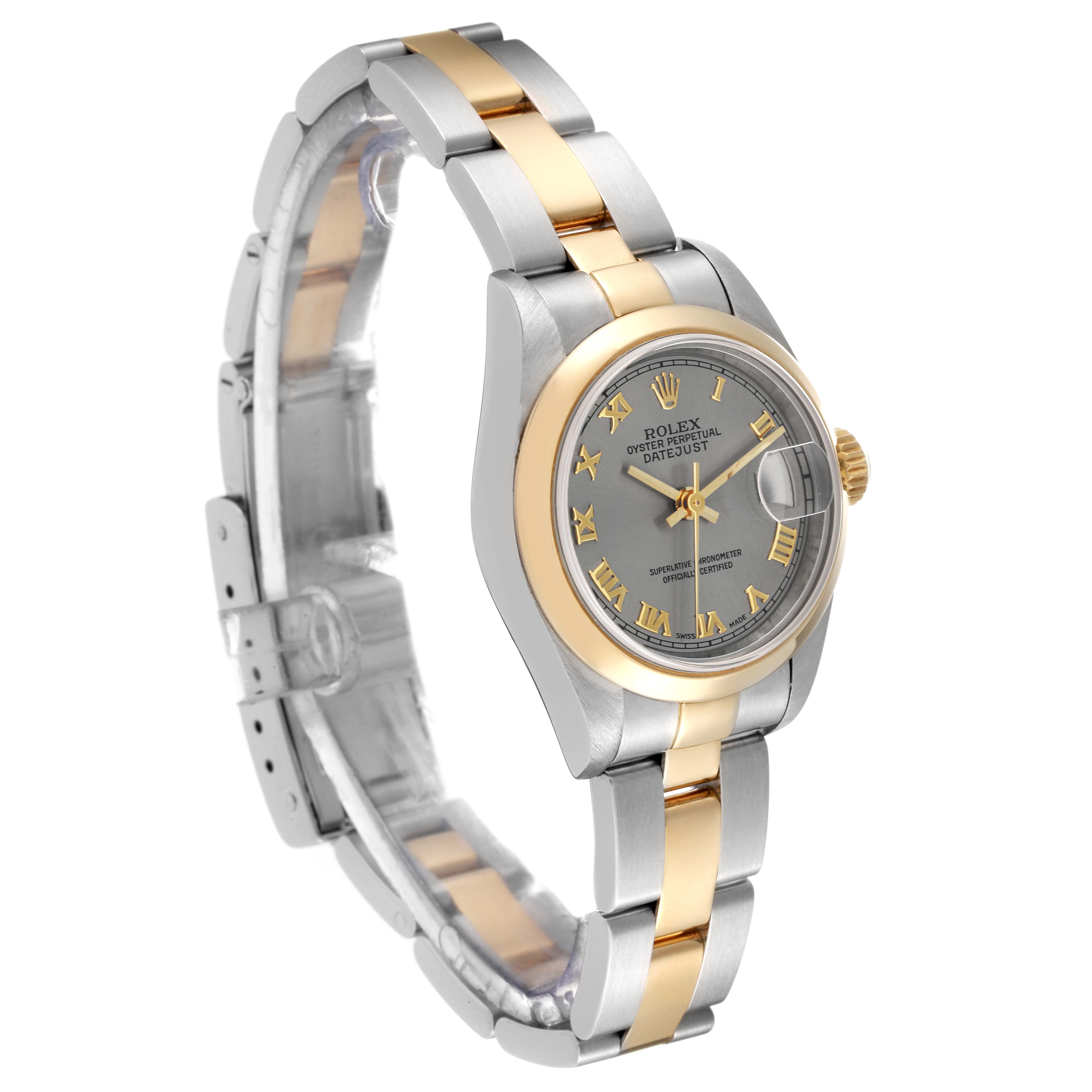 The image shows a Rolex Datejust 69163 Women's Steel and Gold (two tone) Grey Dial 69163 Women's Steel and Gold (two tone) Grey Dial watch at an angled view, highlighting its silver and gold bracelet, case, and grey dial.