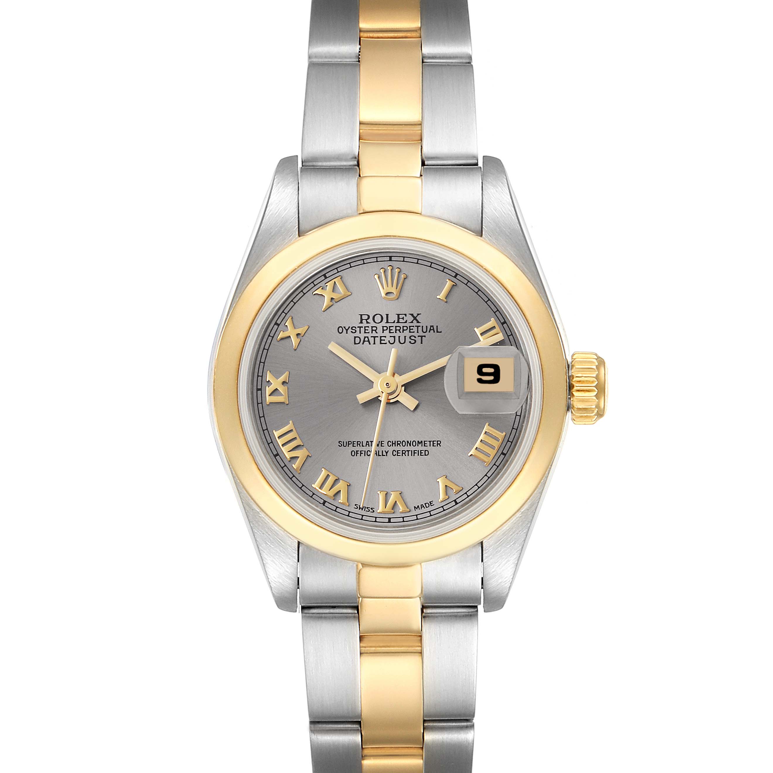 The image shows the front view of a Rolex Datejust 69163 Women's Steel and Gold (two tone) Grey Dial 69163 Women's Steel and Gold (two tone) Grey Dial watch with a two-tone band and a grey dial displaying the date.