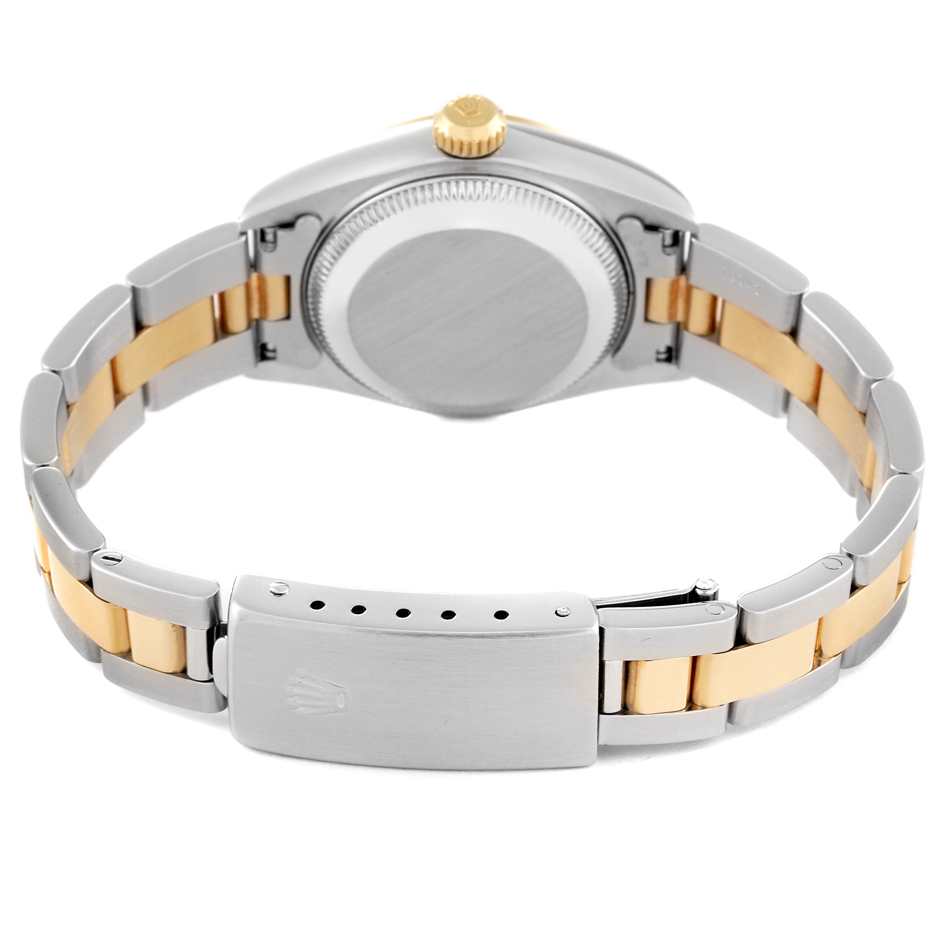 The image shows the back case and bracelet of a Rolex Datejust 69163 Women's Steel and Gold (two tone) Grey Dial 69163 Women's Steel and Gold (two tone) Grey Dial watch, highlighting the clasp and link design.
