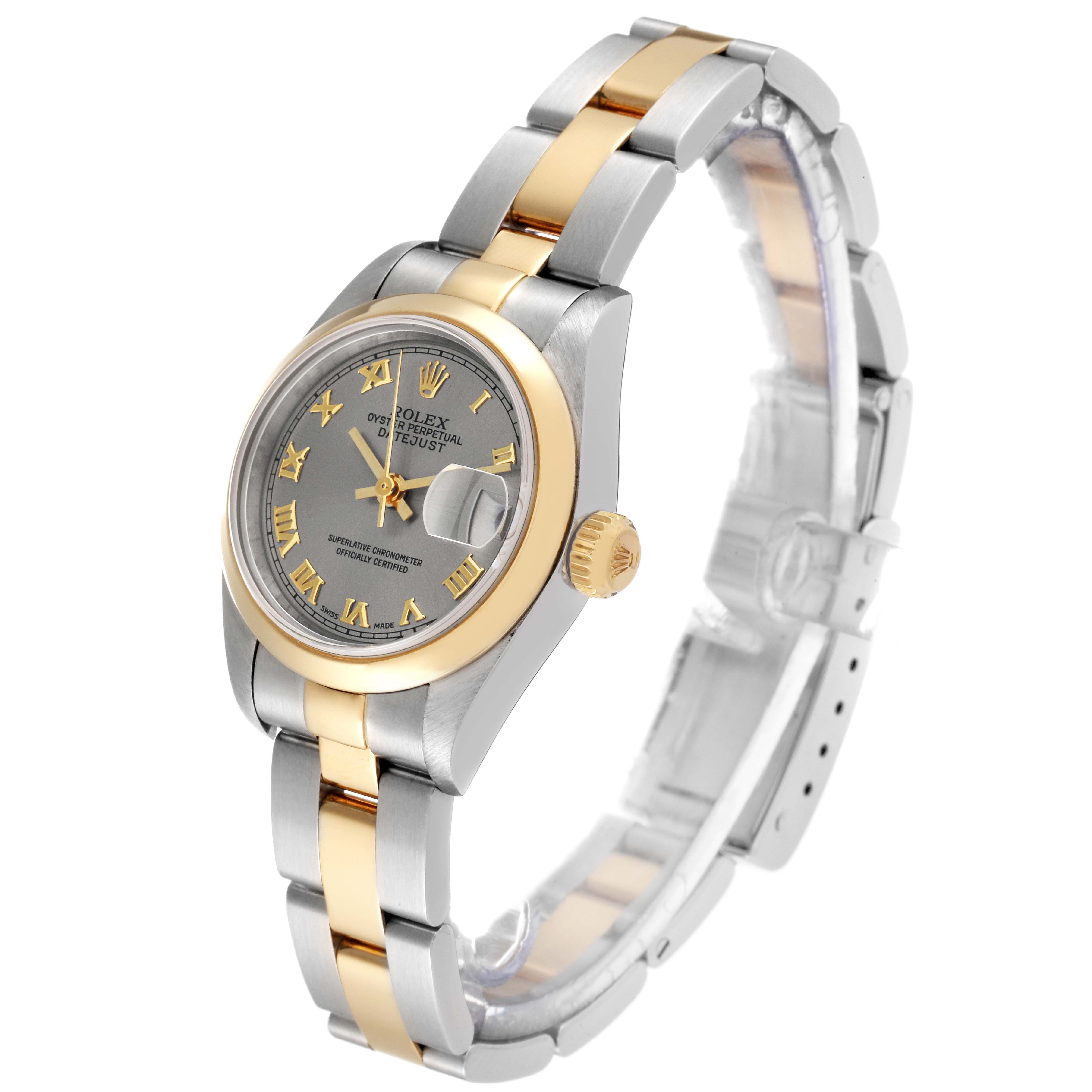 This image shows a side and front angle view of a Rolex Datejust 69163 Women's Steel and Gold (two tone) Grey Dial 69163 Women's Steel and Gold (two tone) Grey Dial watch, displaying its two-tone bracelet and face.