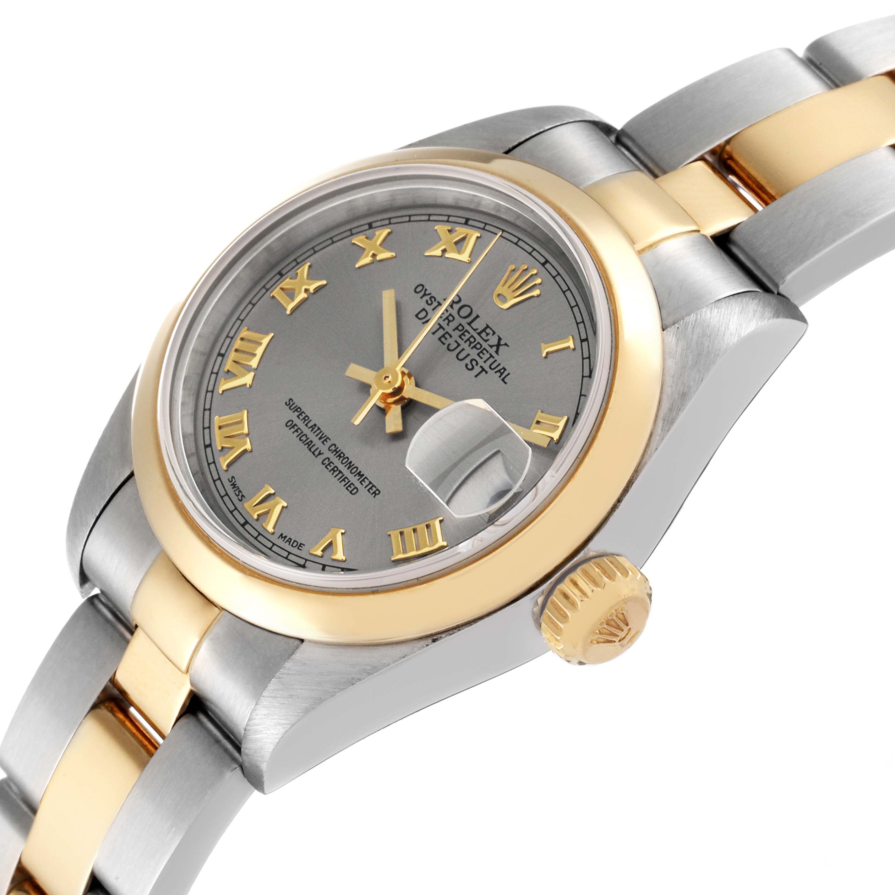 This image shows a Rolex Datejust 69163 Women's Steel and Gold (two tone) Grey Dial 69163 Women's Steel and Gold (two tone) Grey Dial watch at a slight angle, highlighting the dial, bezel, bracelet, and crown.