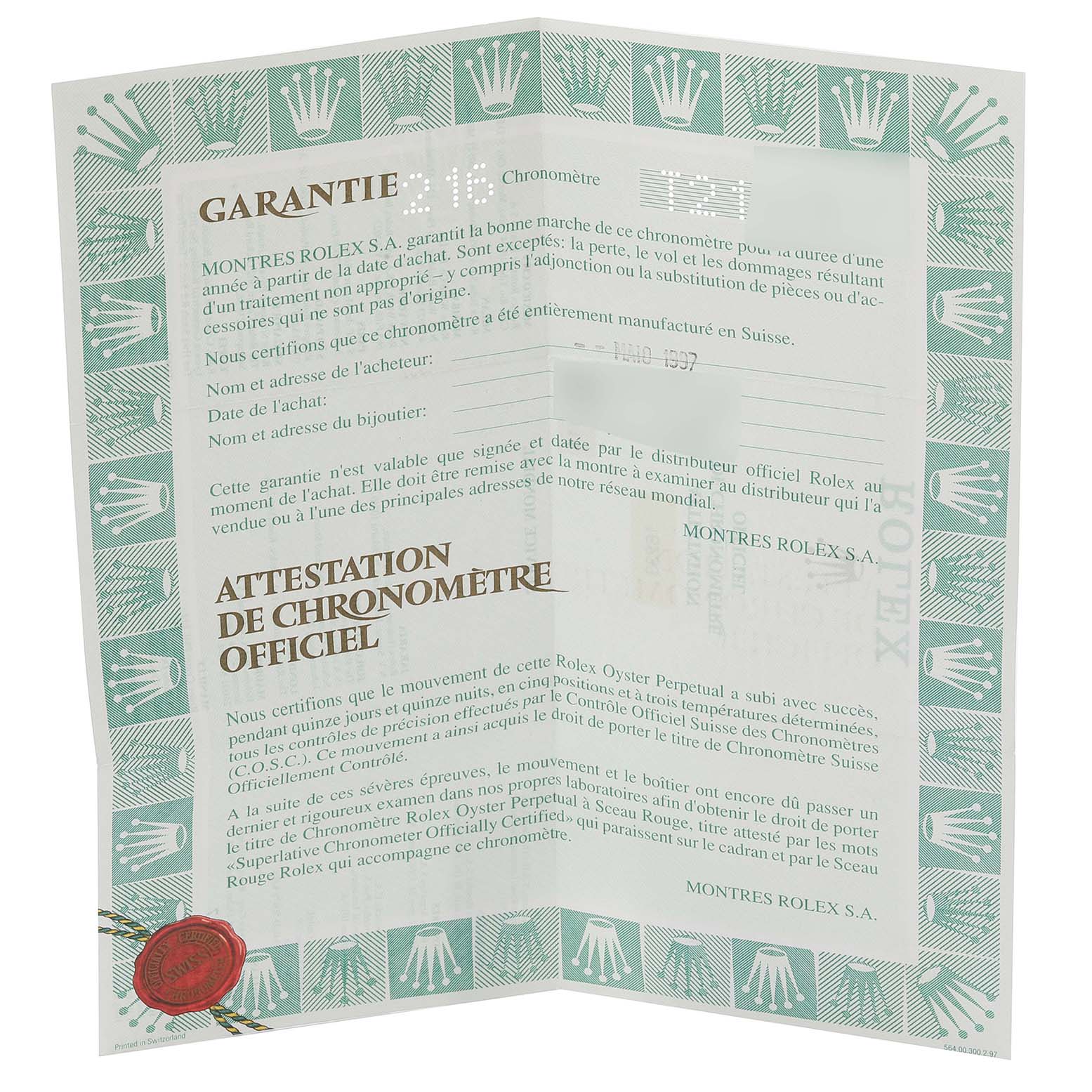 The image shows a warranty and official chronometer certification for the Rolex Datejust 16233 Men
s Steel and Gold (two tone) Grey Dial 16233 Men
s Steel and Gold (two tone) Grey Dial model.