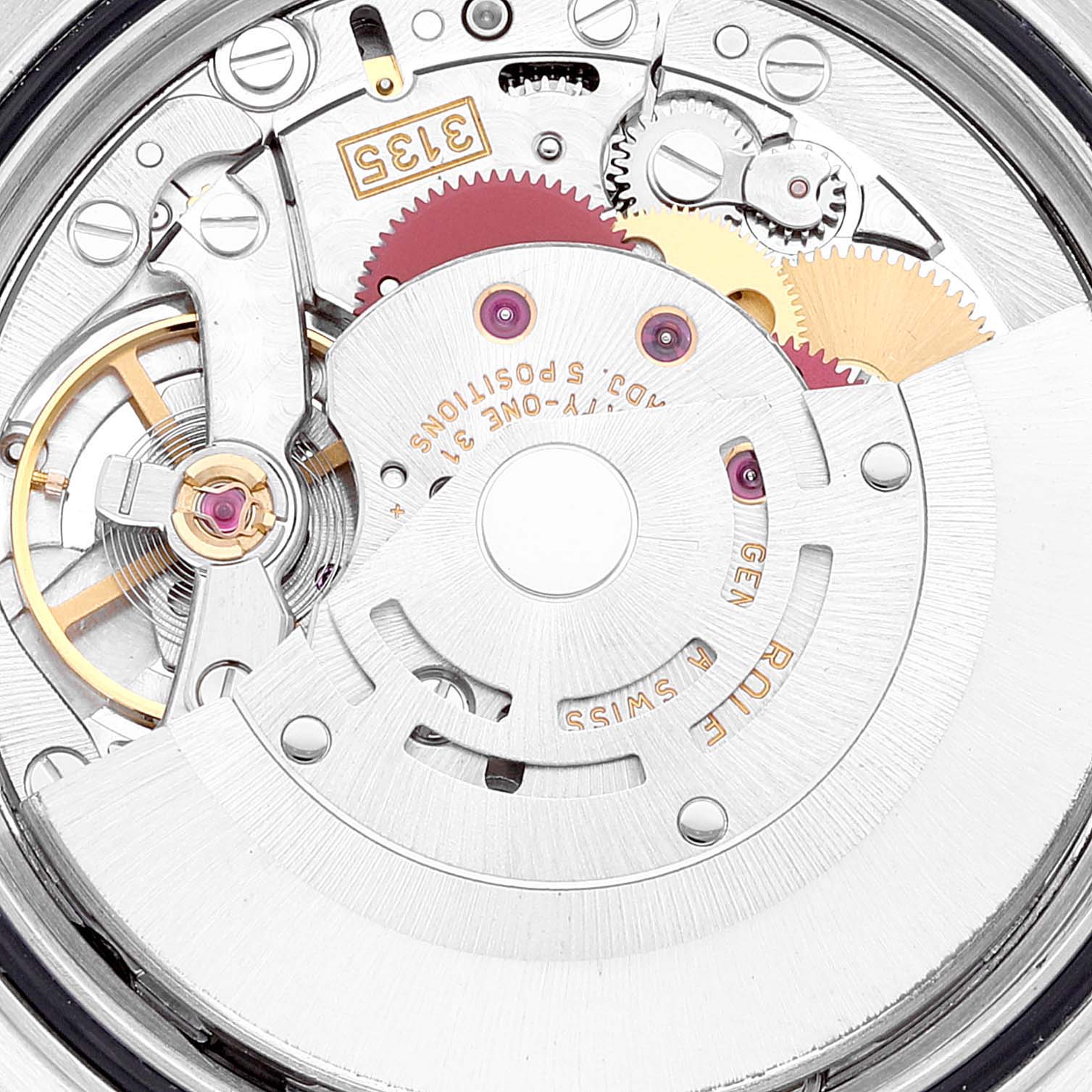 The image shows the internal movement mechanism of a Rolex Datejust 16233 Men
s Steel and Gold (two tone) Grey Dial 16233 Men
s Steel and Gold (two tone) Grey Dial watch from the back angle.